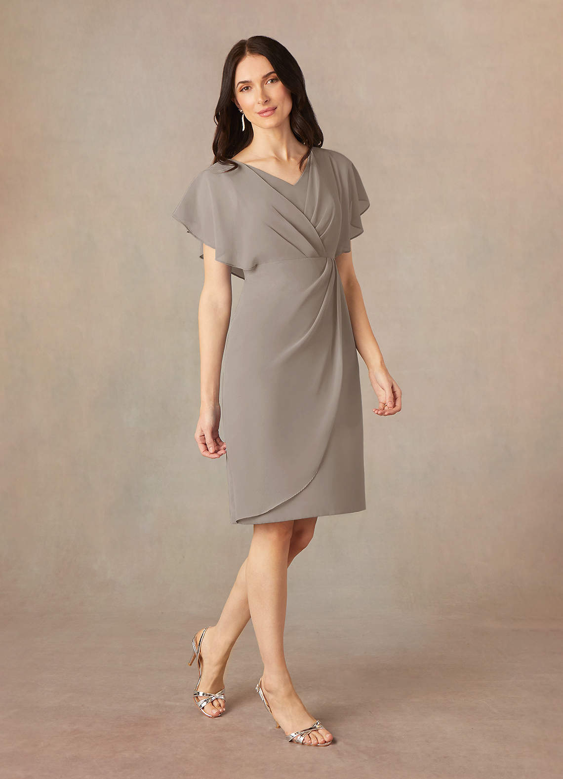 Azazie Julia Taupe Sheath V-Neck Pleated Chiffon Dress Ready to Ship |  Azazie