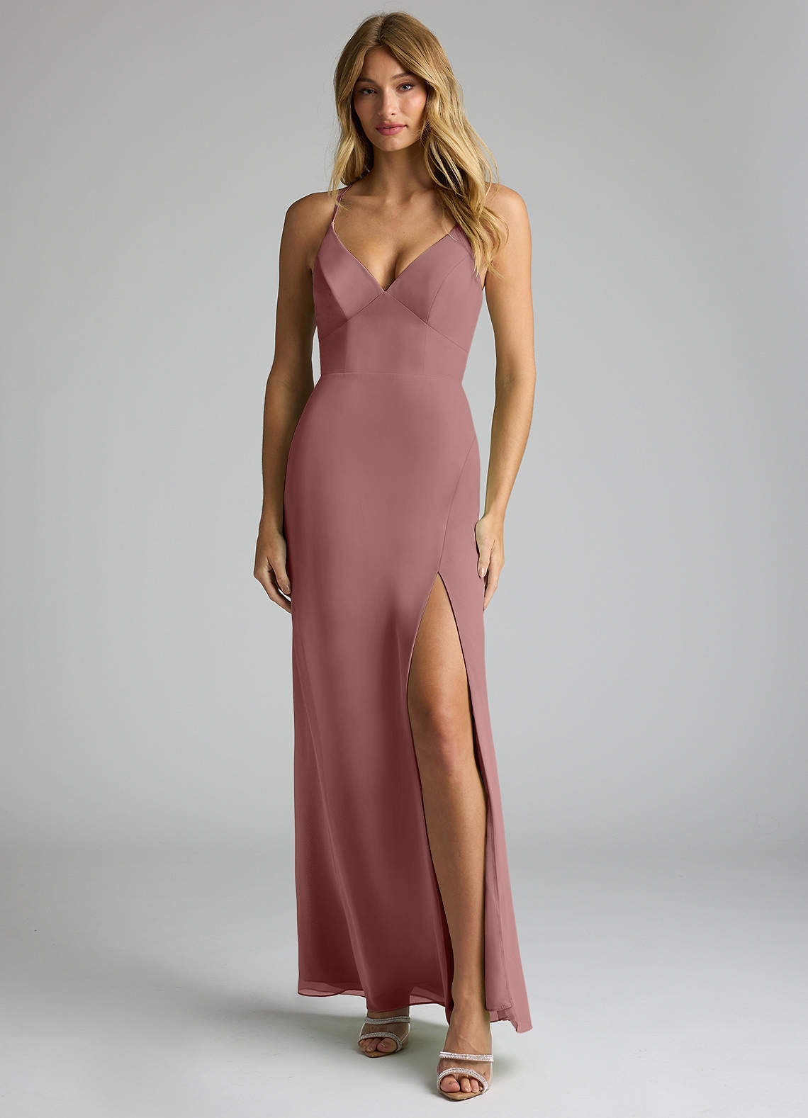 Azazie Becca Bridesmaid Dresses Desert Rose Sheath V-Neck Chiffon Dress image1
