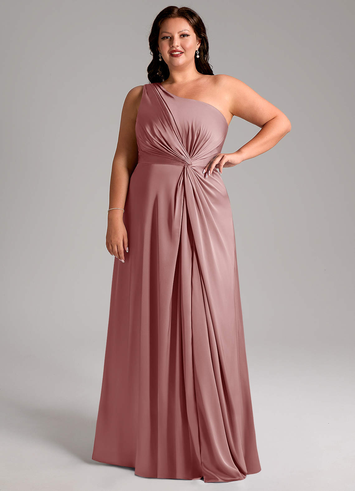 Azazie Brooke Brautjungfernkleider A-Linie One-Shoulder Stretch-Satin Kleid Altrosa image11