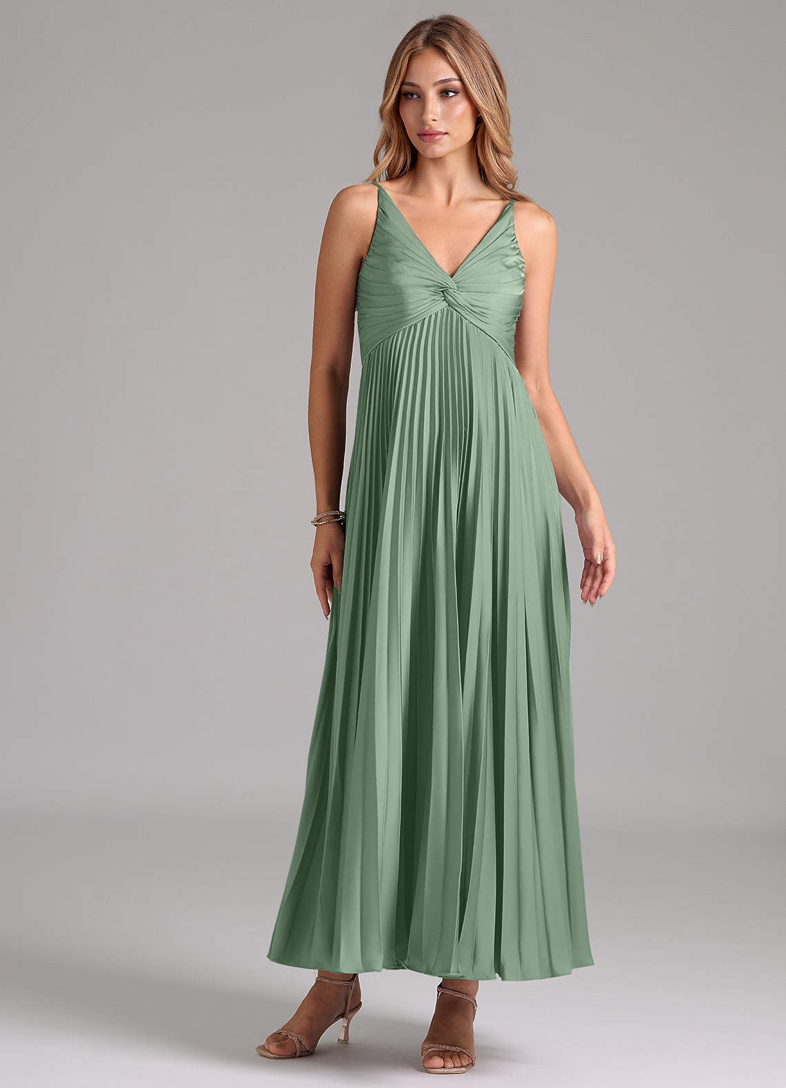 Azazie Raychelle Brautjungfernkleider A-Linie Plissee Stretch-Satin Kleid Matcha image1