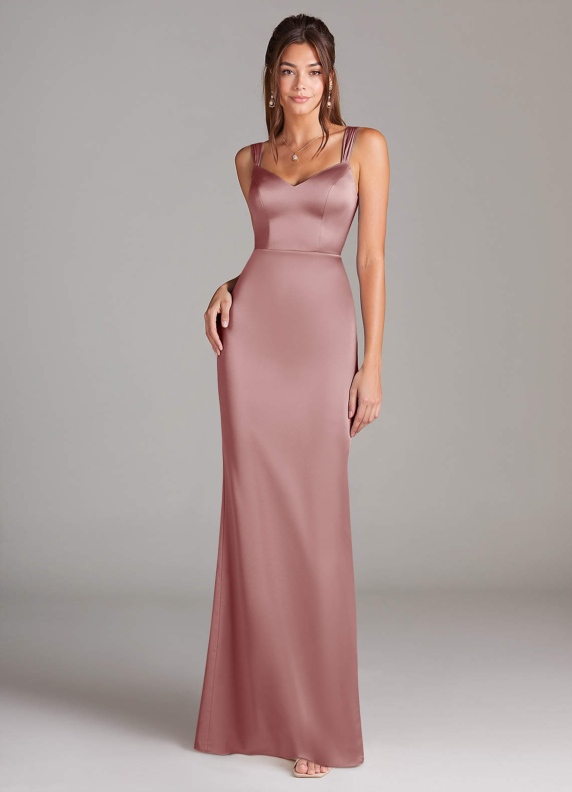 Azazie Denice Bridesmaid Dresses Dusty Rose Sheath Pleated Stretch Satin Dress image2