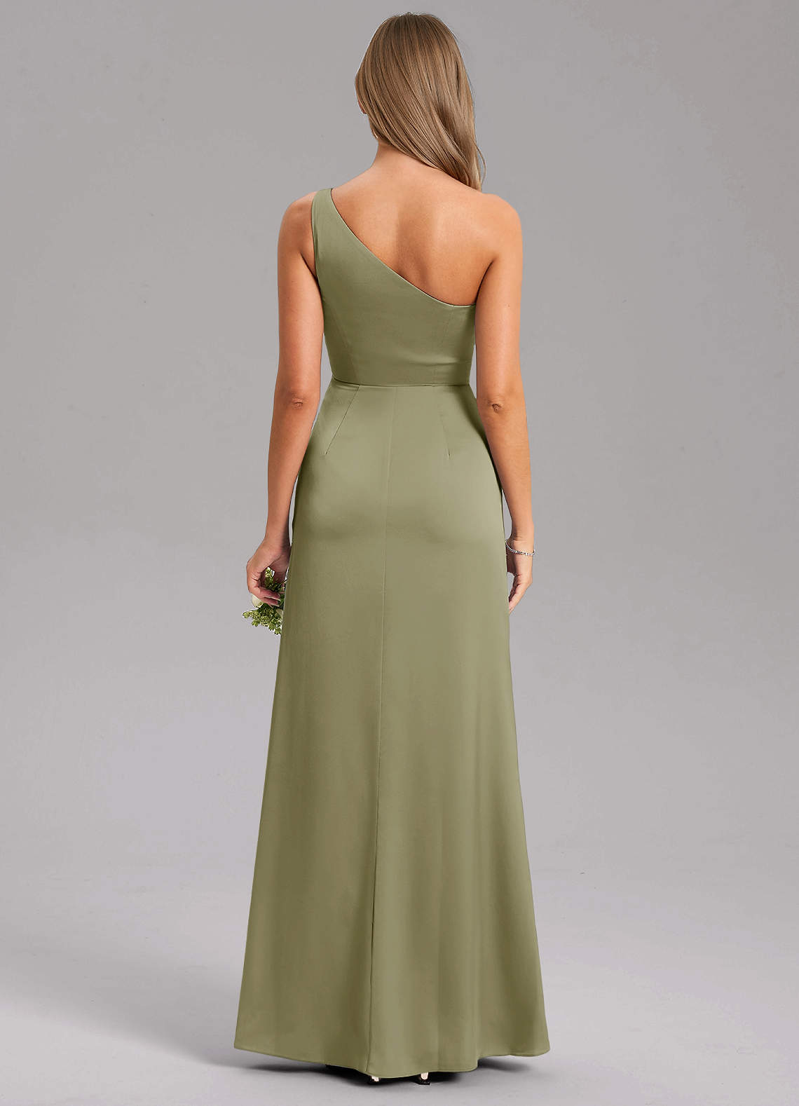 Azazie Phaedra Vestidos de damas de honor Vestido de Pistacho de Satén Elástico de Corte en A con Hombro unilateral image1