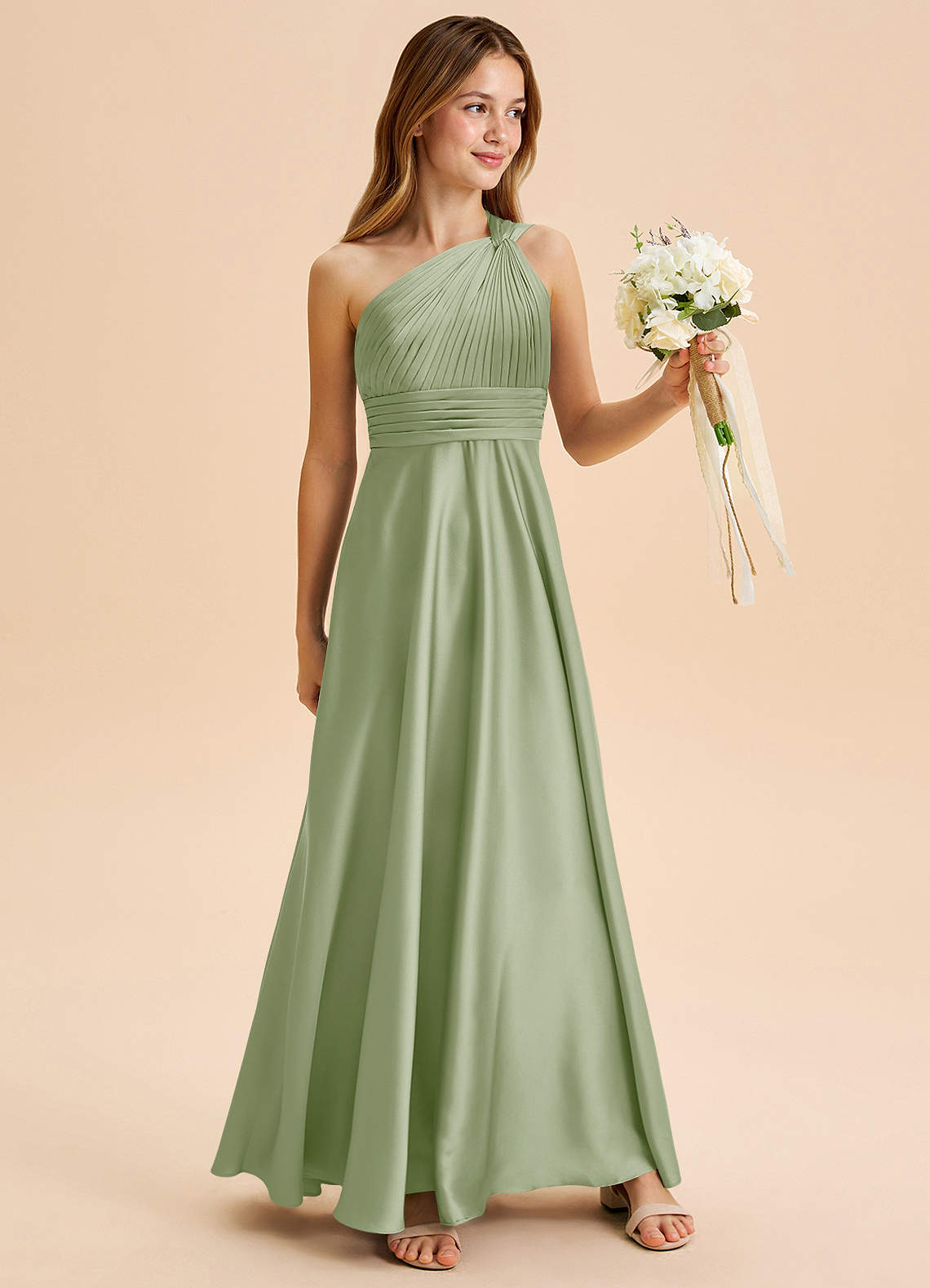 Azazie Charlize Junior Dusty Sage A-Line Pleated Stretch Satin Dress image2