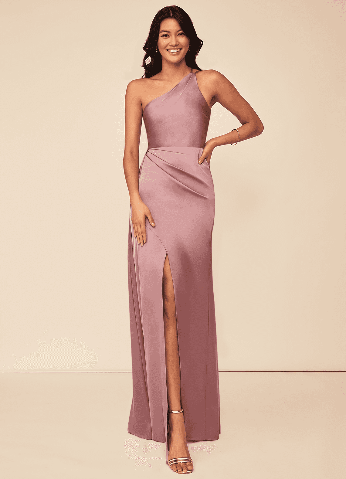 Azazie Maron Bridesmaid Dresses Dusty Rose A-Line One Shoulder Stretch Satin Dress image1