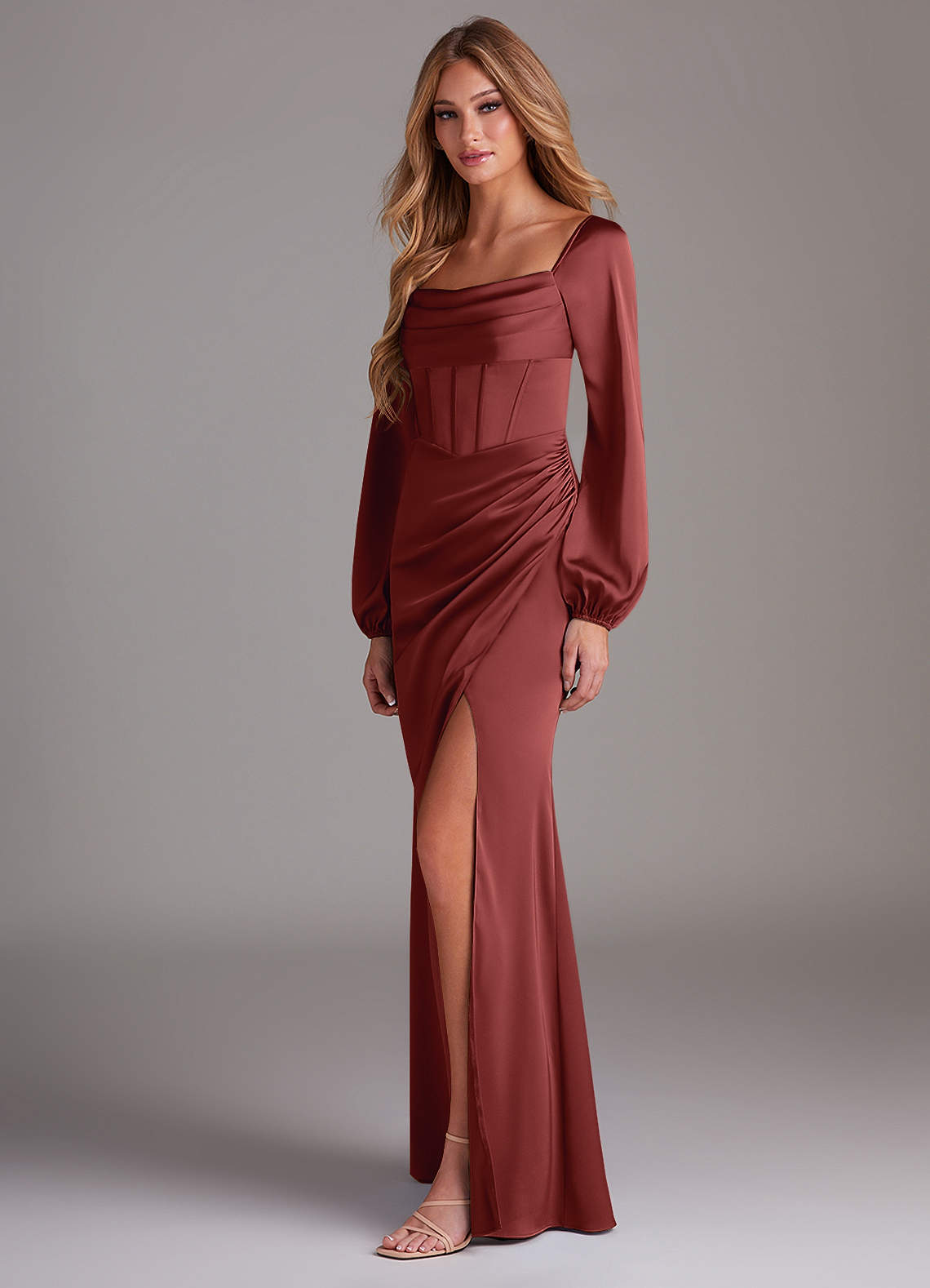 satin terracotta bridesmaid dresses Elegant V-Neck A Line Slit Stretch Satin Long Bridesmaid Dress This spaghetti strap sheath bridesmaid dress by KissProm is crafted from luminous metallic satin Luxe Satin V-neck Bridesmaid Dress