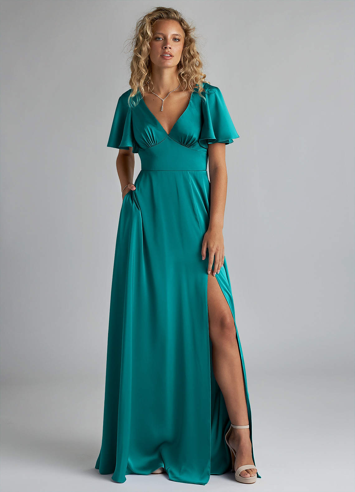 Azazie Kimber Bridesmaid Dresses Teal A-Line Ruched Stretch Satin Dress image1
