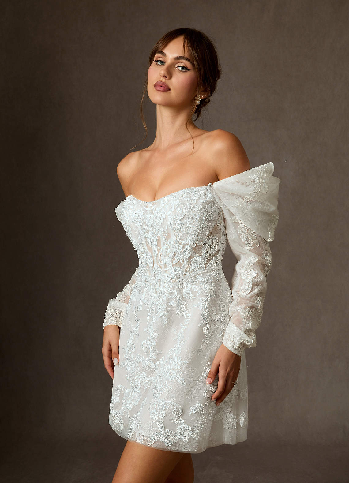 Azazie Winter Wedding Dresses Diamond White A-Line Strapless Lace Dress image5