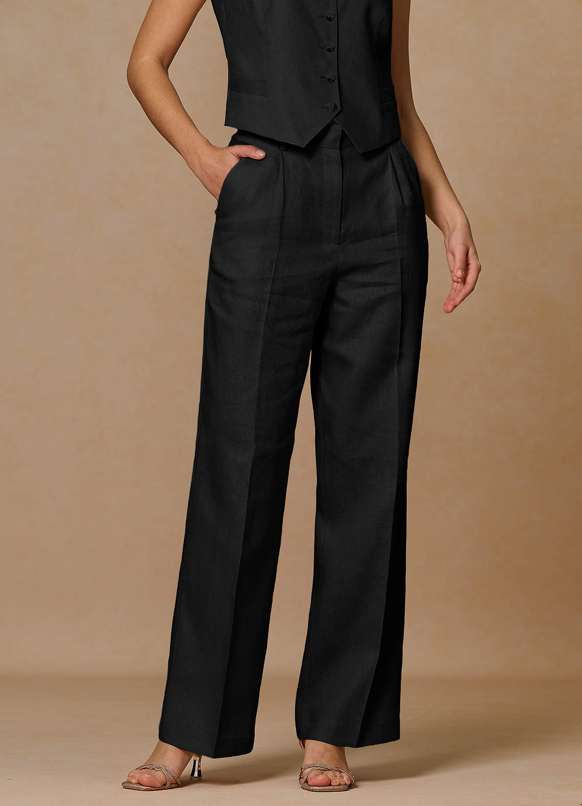 front Belicia Negro Pantalones 100% lino