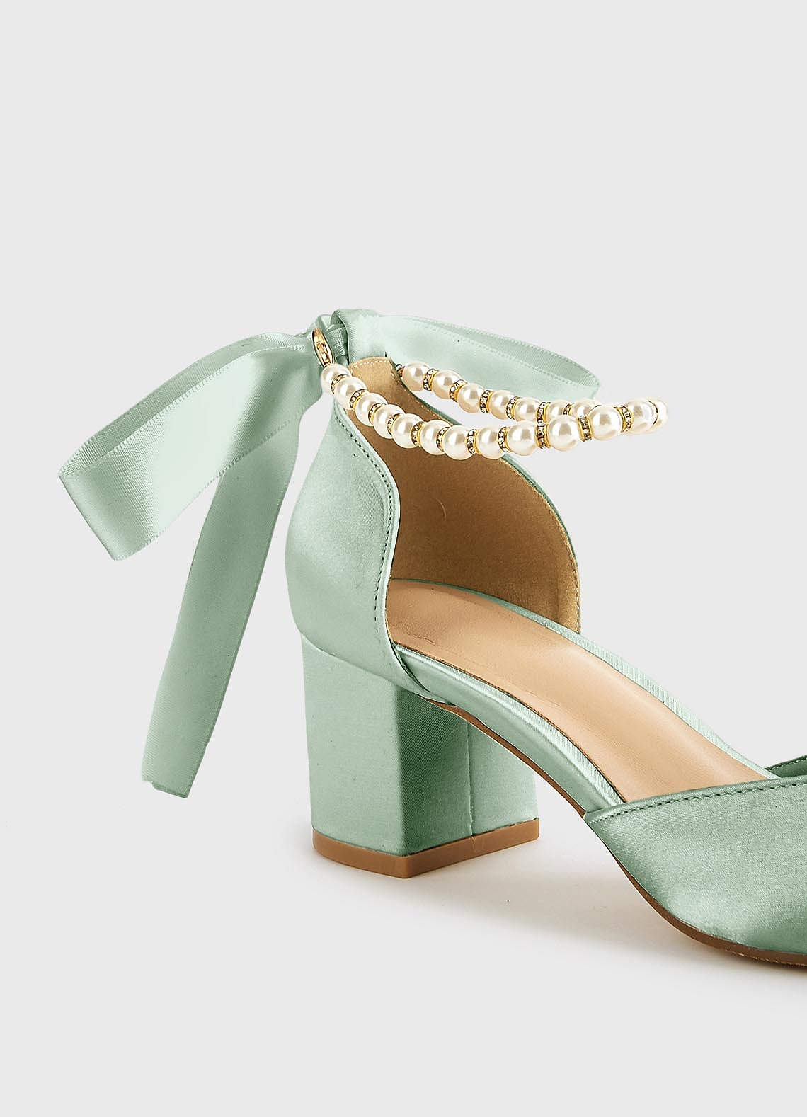 front Matching Color Matte Satin Pearl and Bow Pointed Toe Block Heels