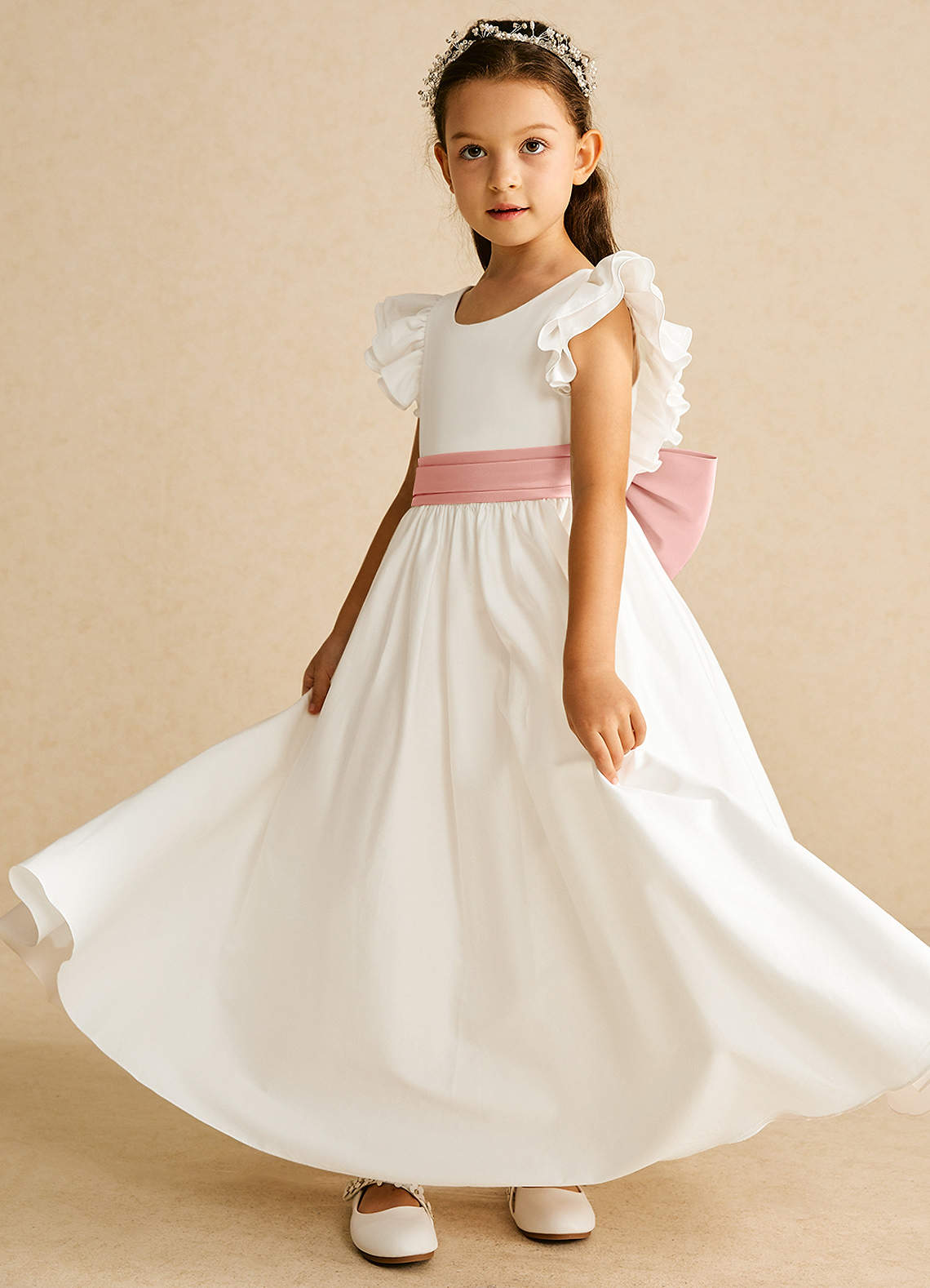 Azazie Aero Flower Girl Dresses Ivory Rosette A-Line Pleated Cotton Dress image1