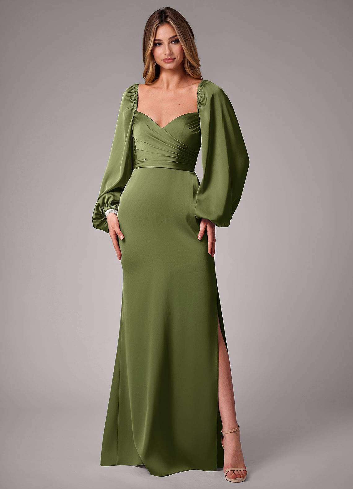 olive satin dress long sleeve Azazie Melani