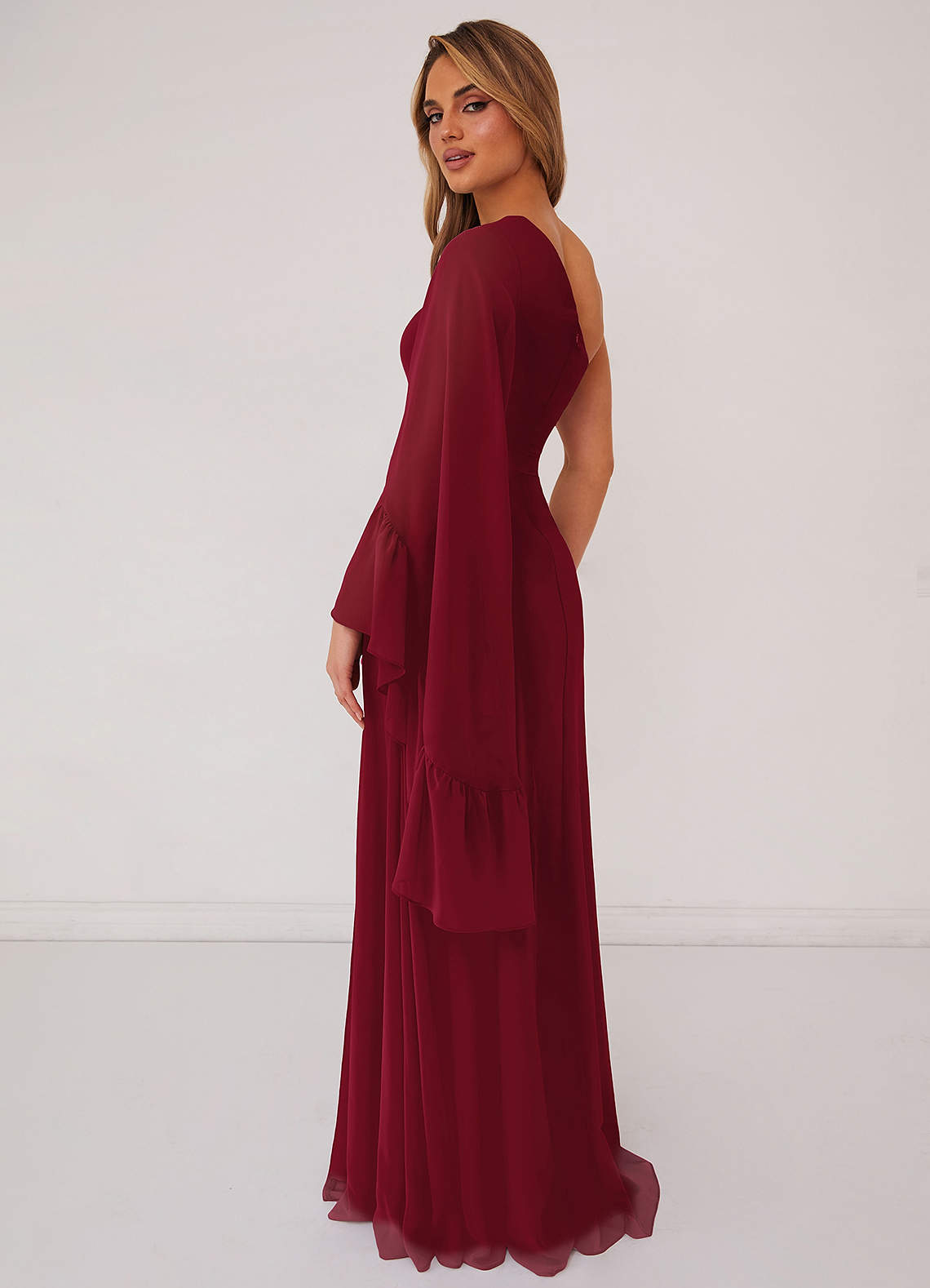 A-line One Shoulder Chiffon Max Dresses Burgundy