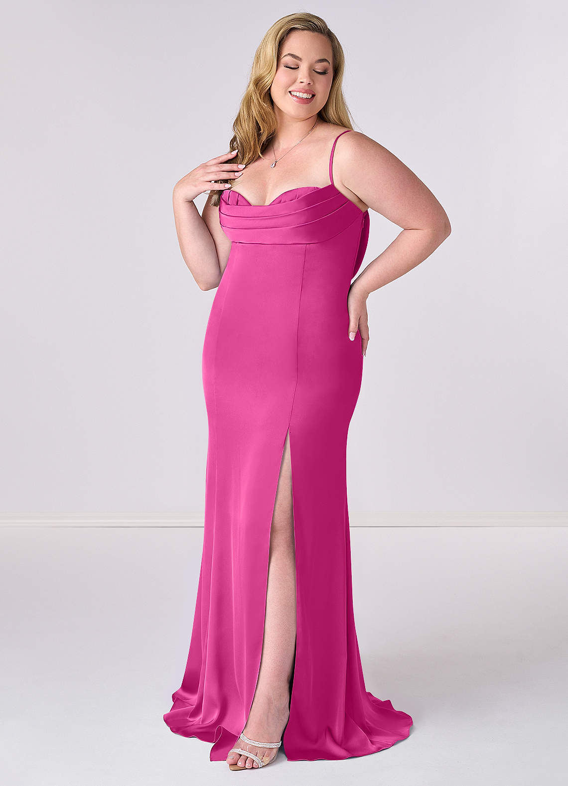 Barbie ♥ Azazie Vestidos de damas de honor Vestido de Fucsia de Satén Elástico de Corte Sirena con Corsé image8