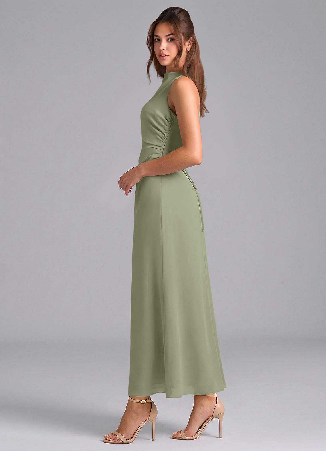 Azazie Evadne Bridesmaid Dresses Pistachio Sheath Pleated Chiffon Dress image4