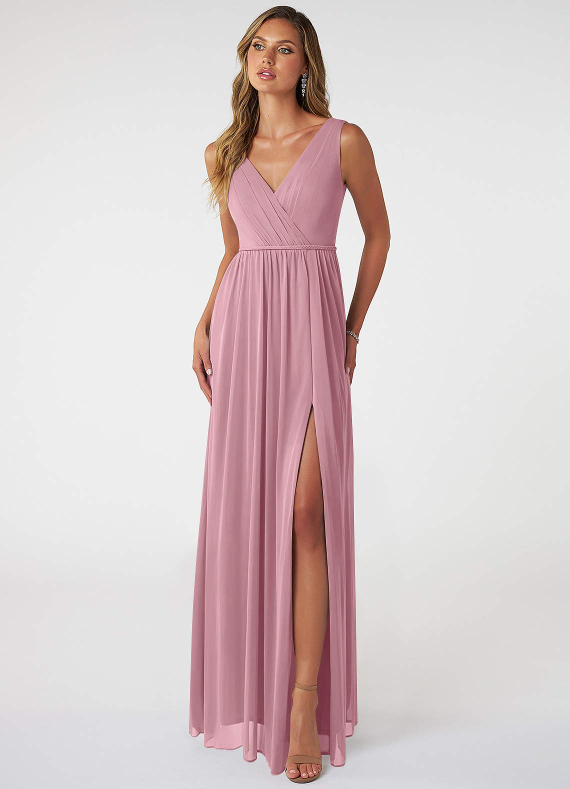 Azazie Tanicia Bridesmaid Dresses Vintage Mauve A-Line V-Neck Pleated Mesh Dress image1