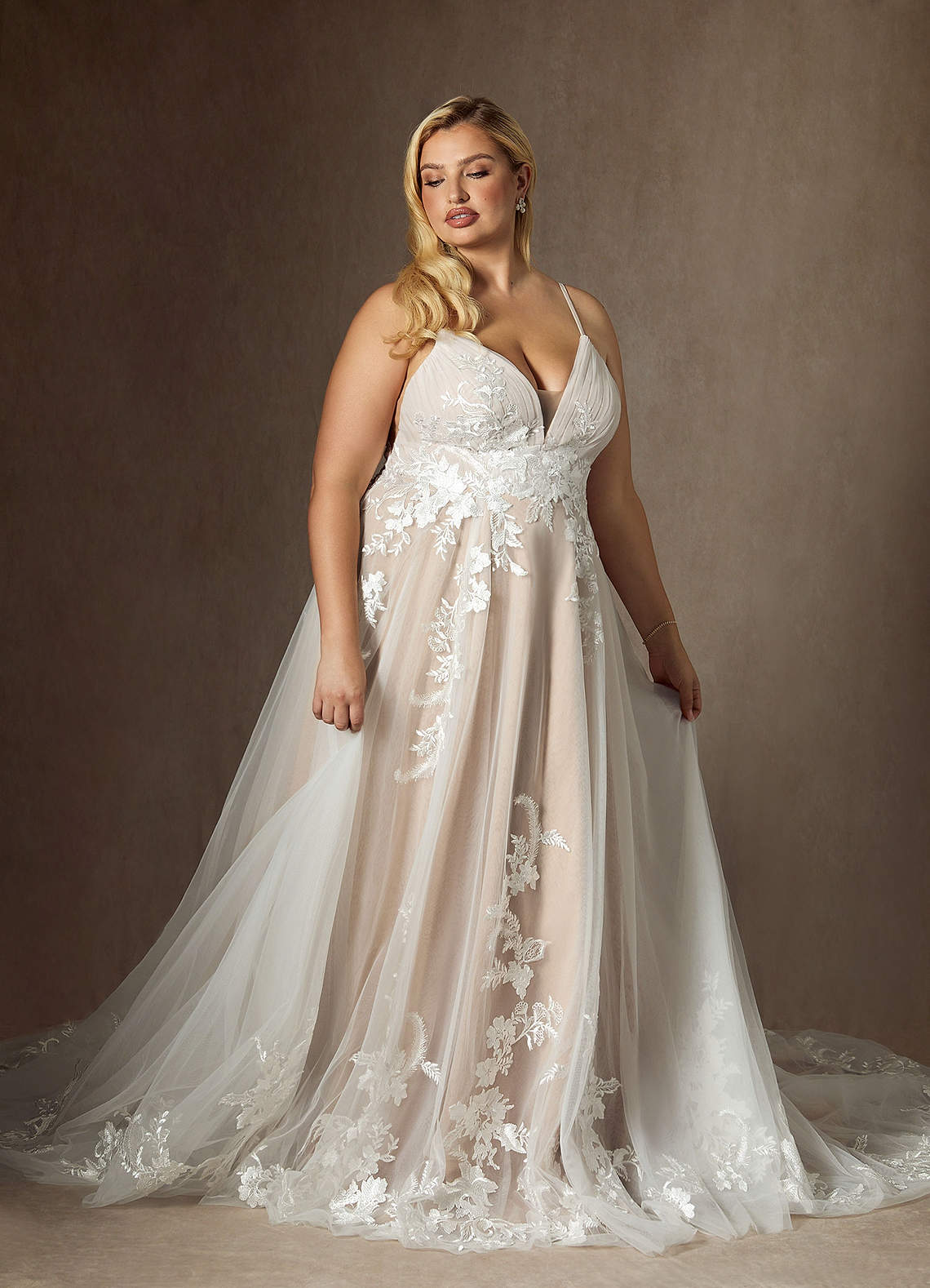 Azazie Rhodes Diamond White Nude A-Line V-Neck Sequins Tulle Dress