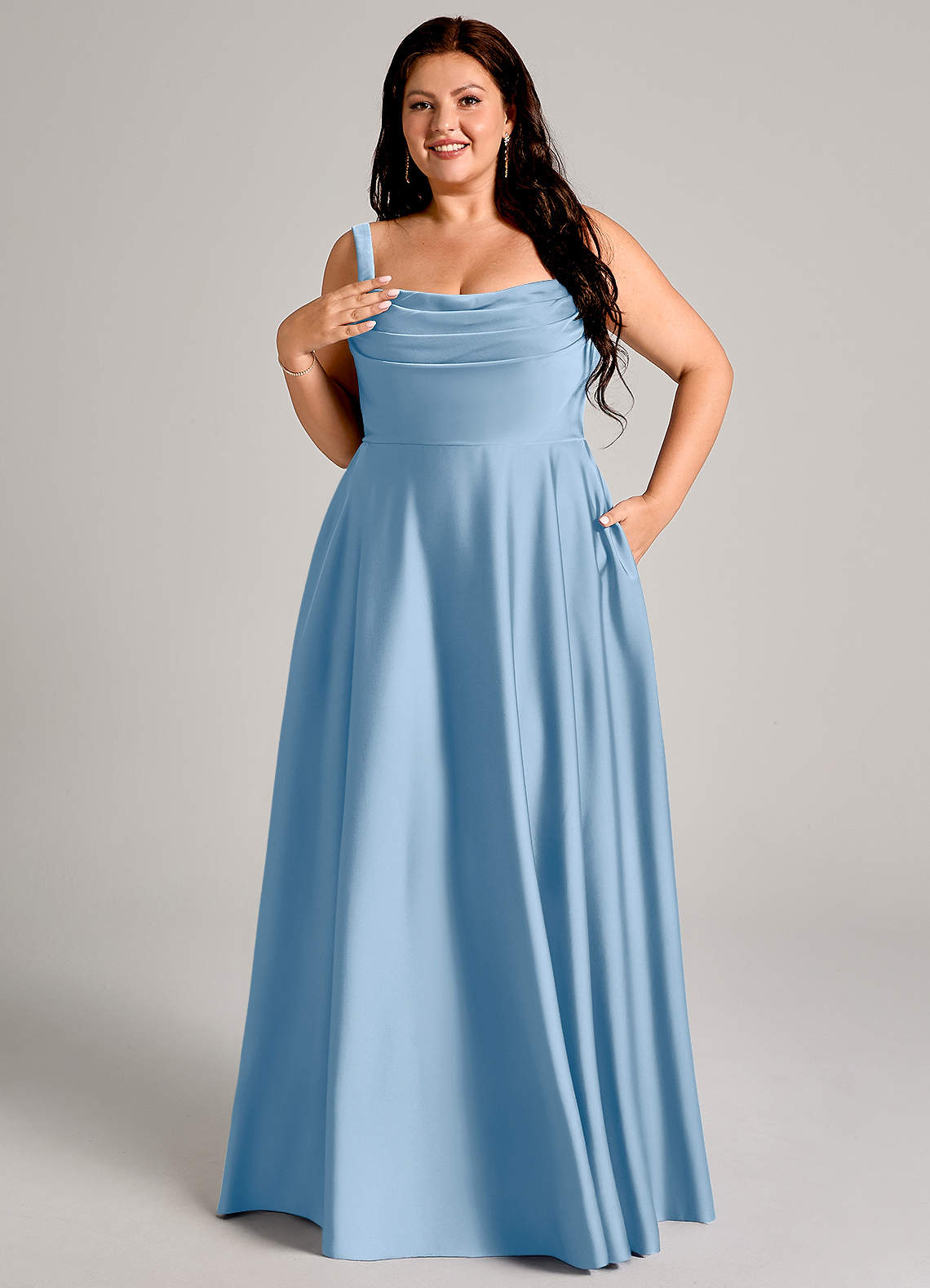 Azazie Shaude Bridesmaid Dresses Powder Blue A-Line Pleated Stretch Satin Dress image9