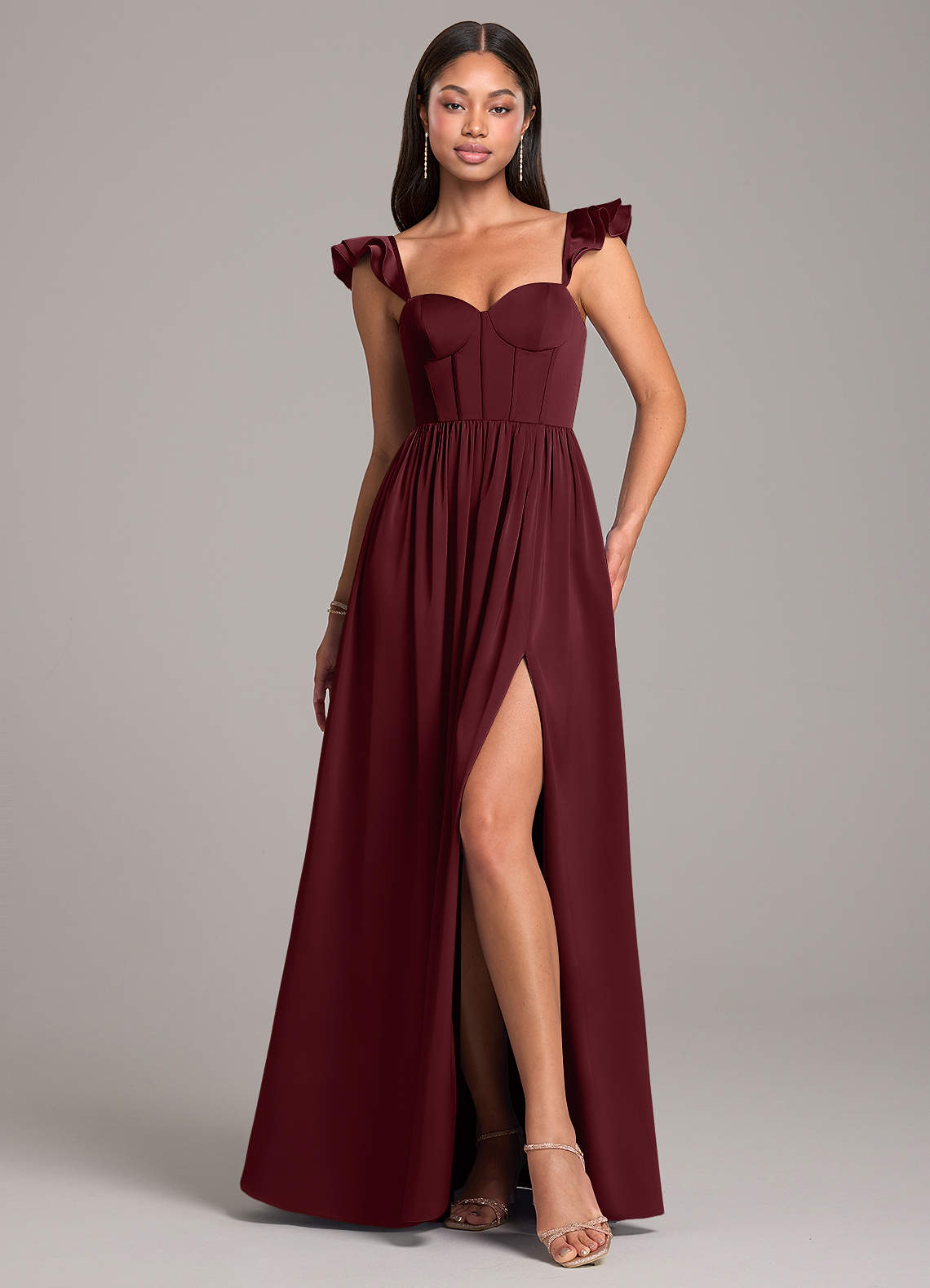 Azazie Denisse Robes de demoiselle d'honneur Robe Trapèze en Satin extensible Rayé Cabernet image1
