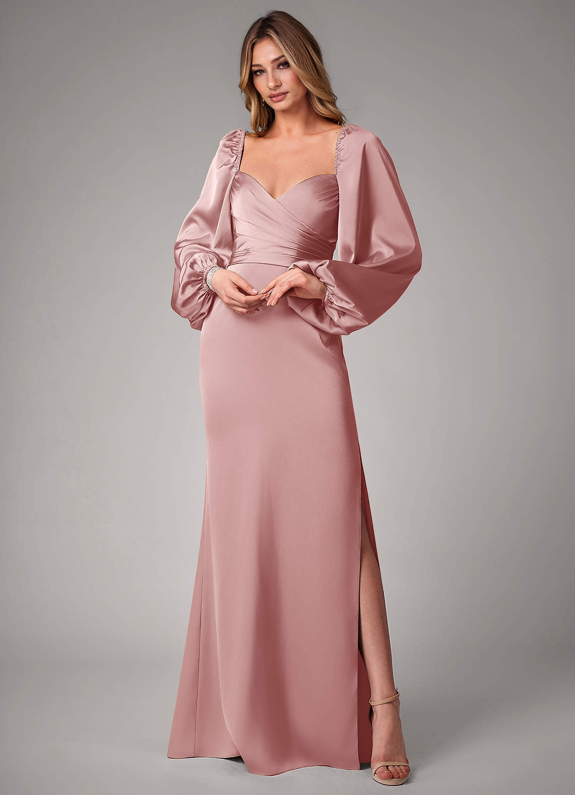 Azazie Sonata Bridesmaid Dresses Dusty Rose Sheath Long Sleeve Stretch Satin Convertible Dress image1