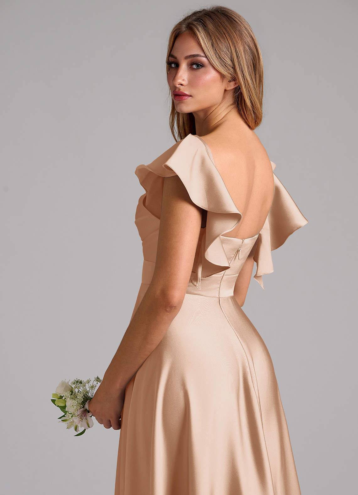 Azazie Leilani Bridesmaid Dresses English Rose A-Line Ruched Stretch Satin Dress image8