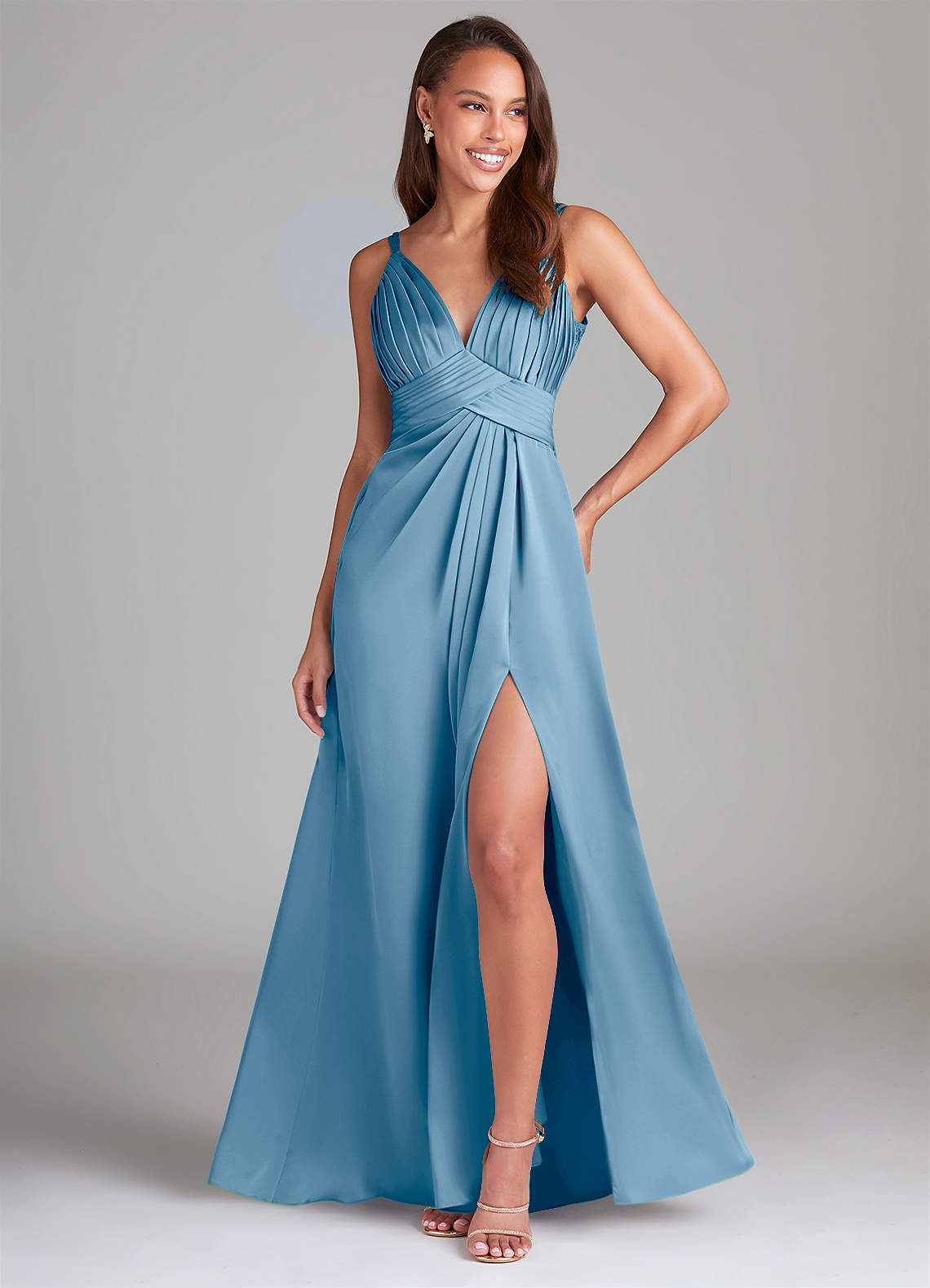 Azazie Maren Allure Abiti da Damigella Abito A-Line in Raso Elasticizzato Pizzo Blu Acciaio image1