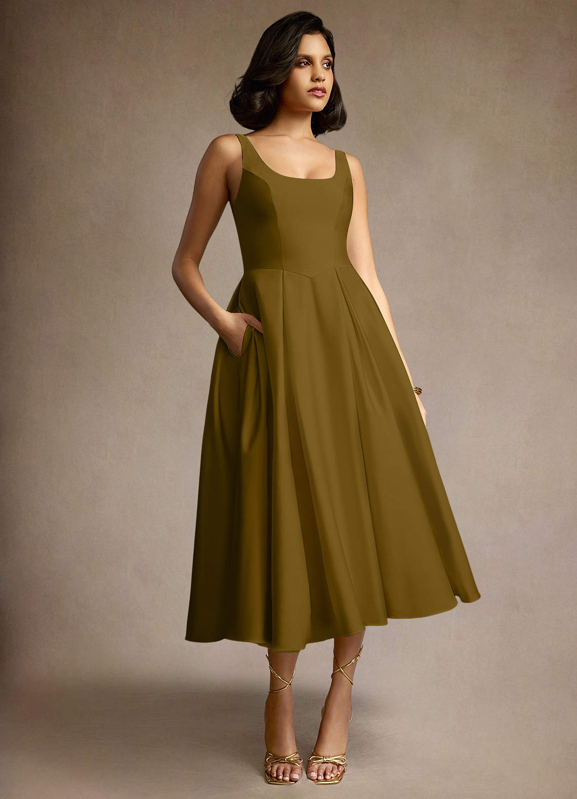 Olivia Moss Green Pleated Midi Dress | Azazie