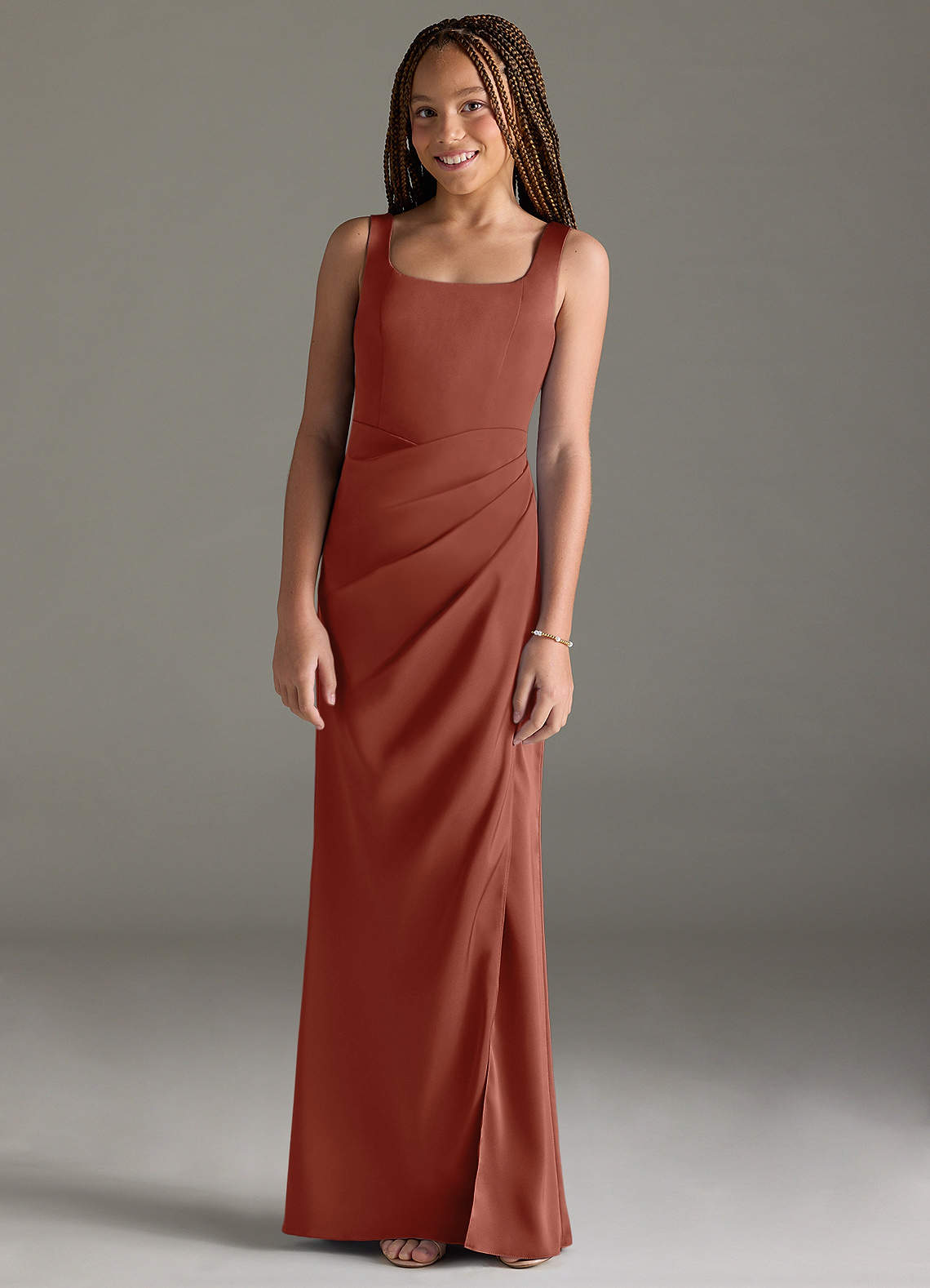 Azazie Mero Junior Auburn Mermaid Pleated Stretch Satin Dress image1
