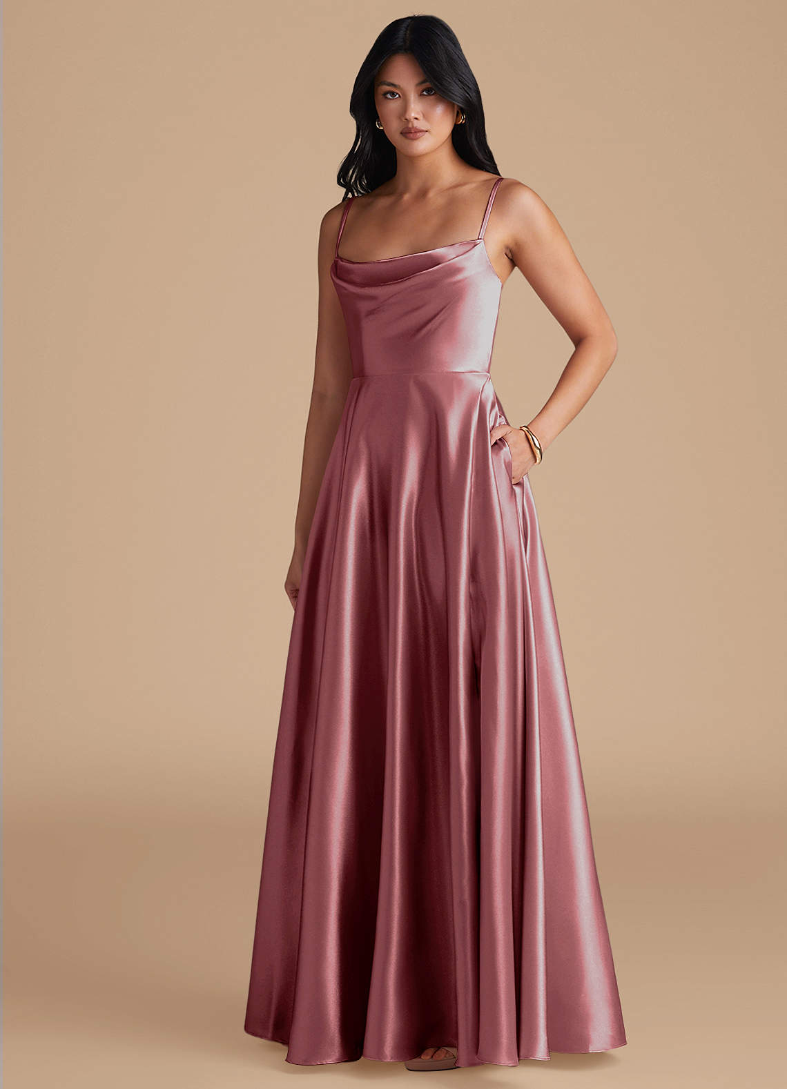 Azazie Elle Brautjungfernkleider A-Linie mit Taschen Metallischer Satin Kleid Vintage Mauve image1