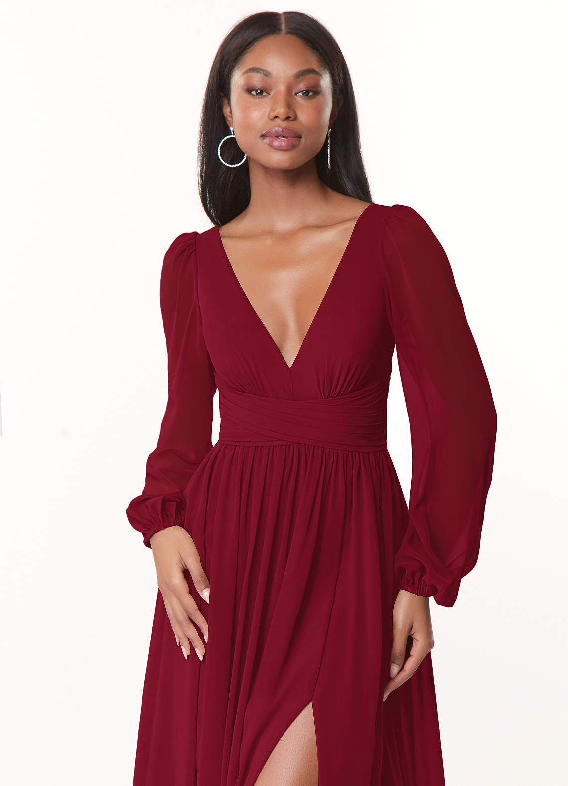 Azazie Norah Bridesmaid Dresses Burgundy A-Line V-Neck Long Sleeve Chiffon Dress image4