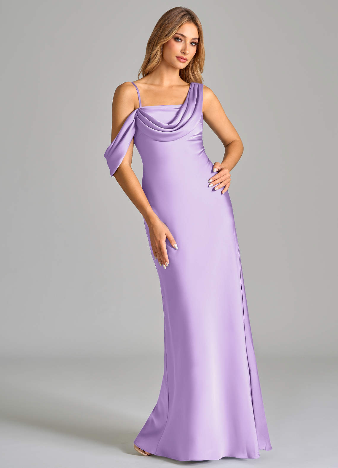 Azazie Celina Bridesmaid Dresses Lilac Sheath Off the Shoulder Stretch Satin Dress image1