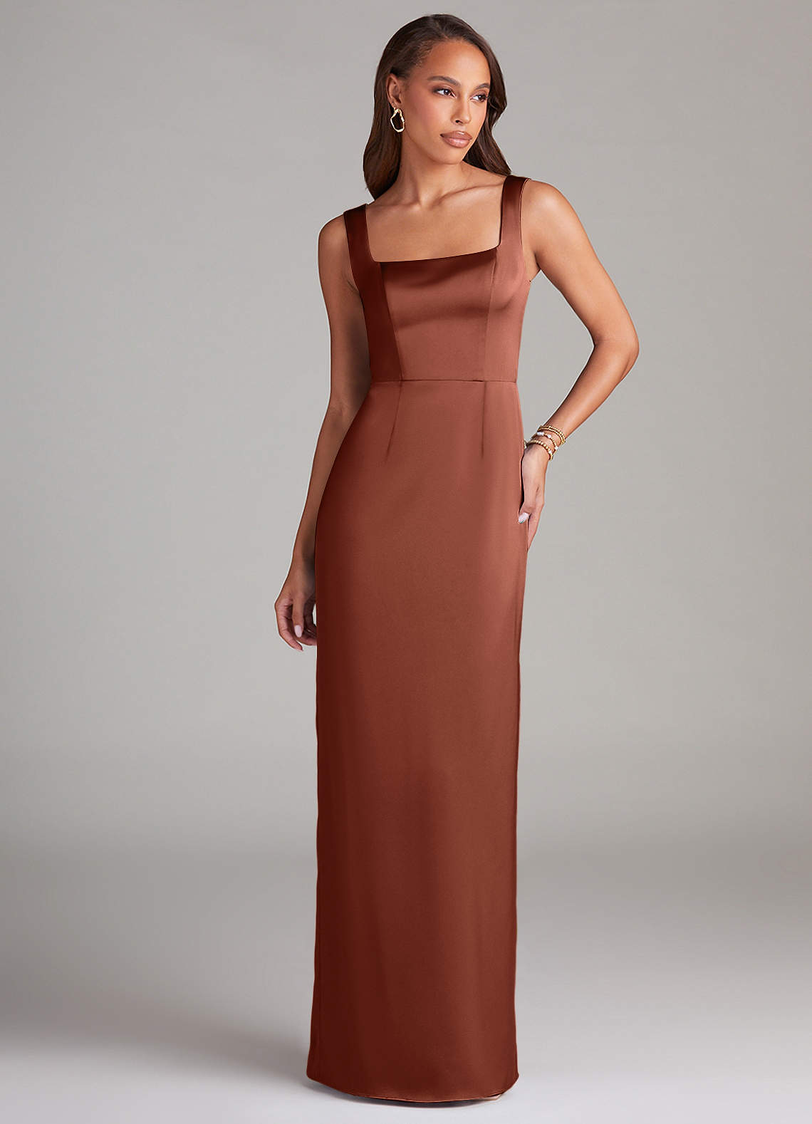 Azazie Flori Bridesmaid Dresses Clay Sheath Side Slit Stretch Satin Dress image1