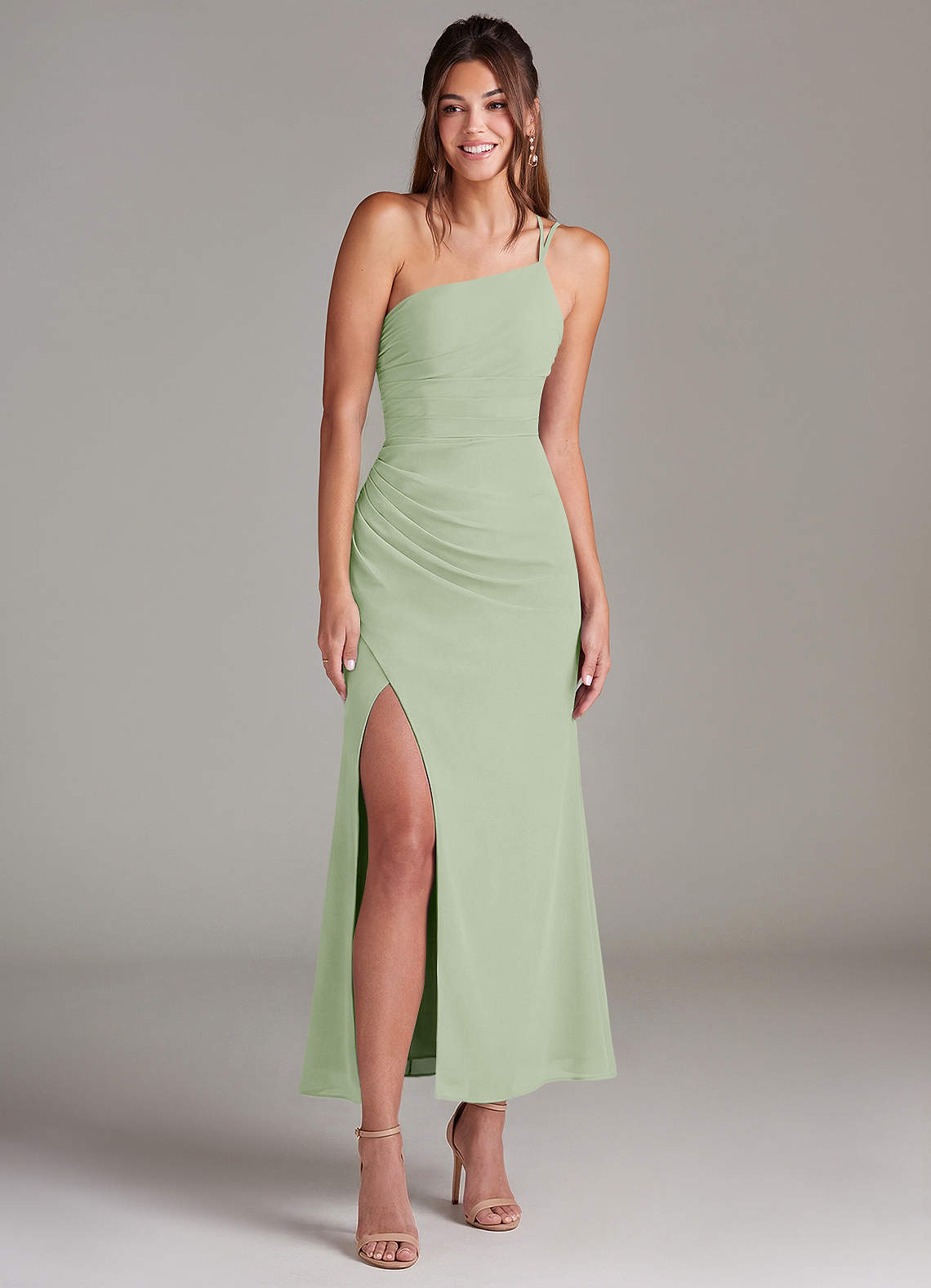 Azazie Eren Brautjungfernkleider Meerjungfrau-Linie One-Shoulder Chiffon Kleid Staubiger Salbeigrün image2