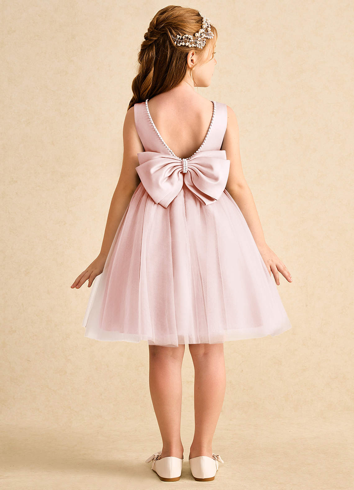 Azazie Jani Robe Demoiselle D'honneur Fillette Robe Trapèze en Tulle Arc Rose Pâle image1
