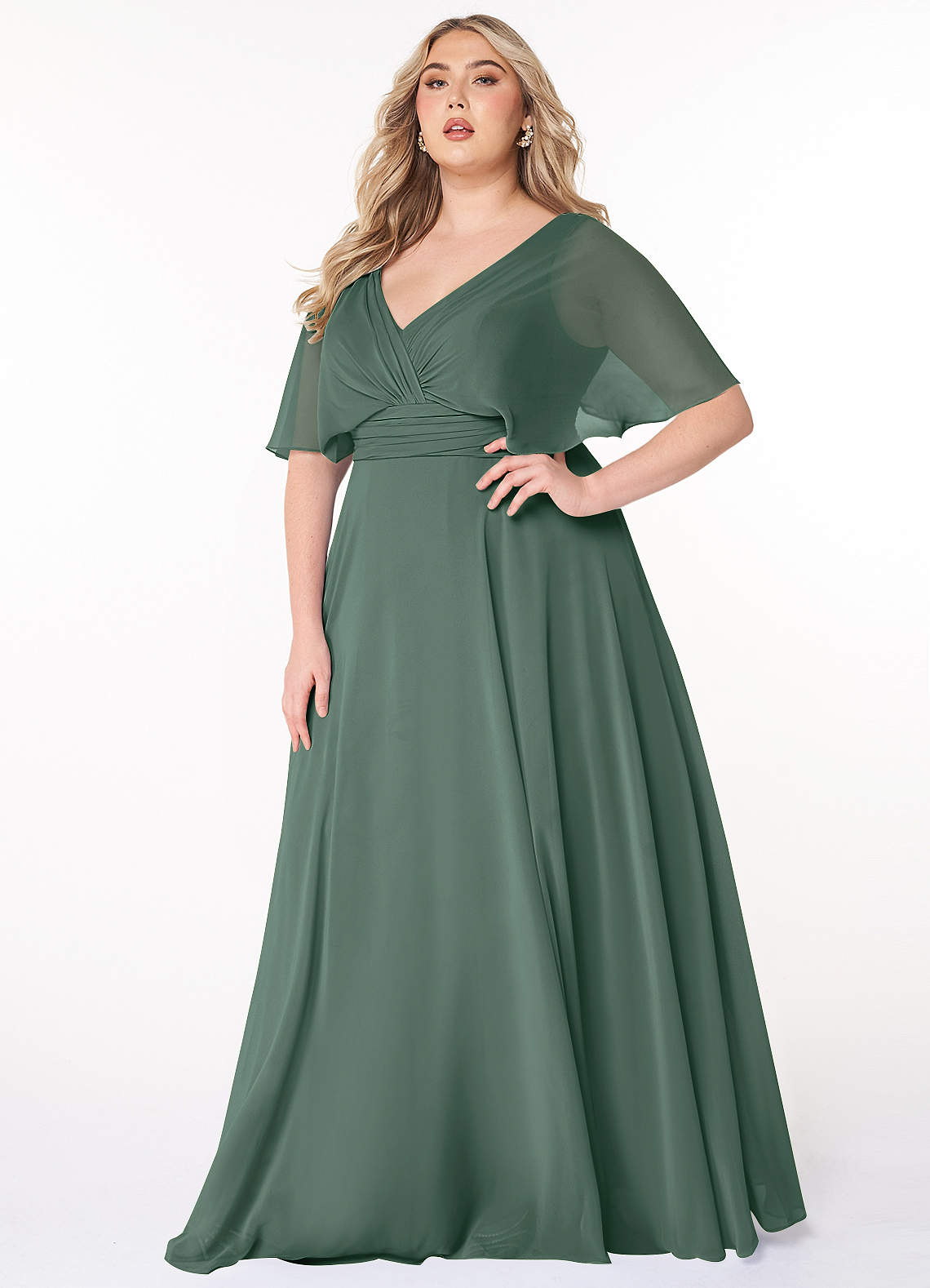 Azazie Pamela Brautjungfernkleider A-Linie V-Hals Gefaltet Chiffon Kleid Seemoos image1