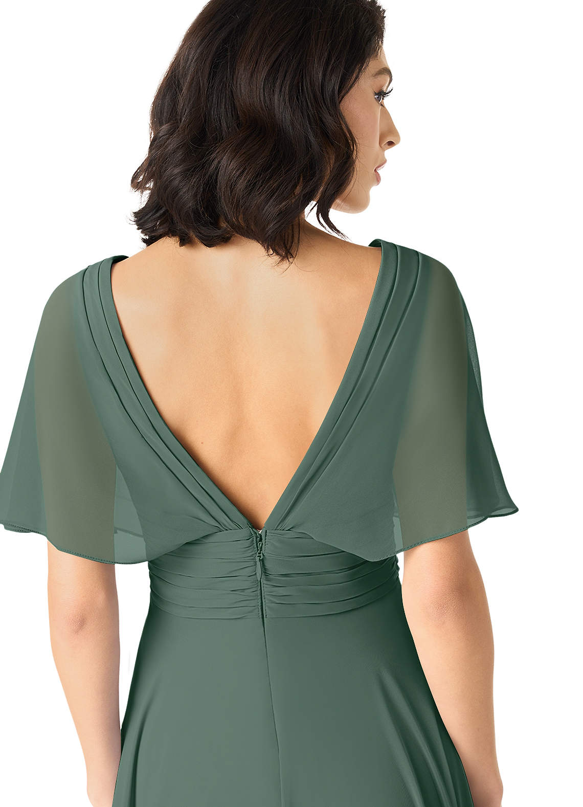 Azazie Pamela At-home Try On Dresses Dusty Blue A-Line V-Neck Pleated Chiffon Dress image4