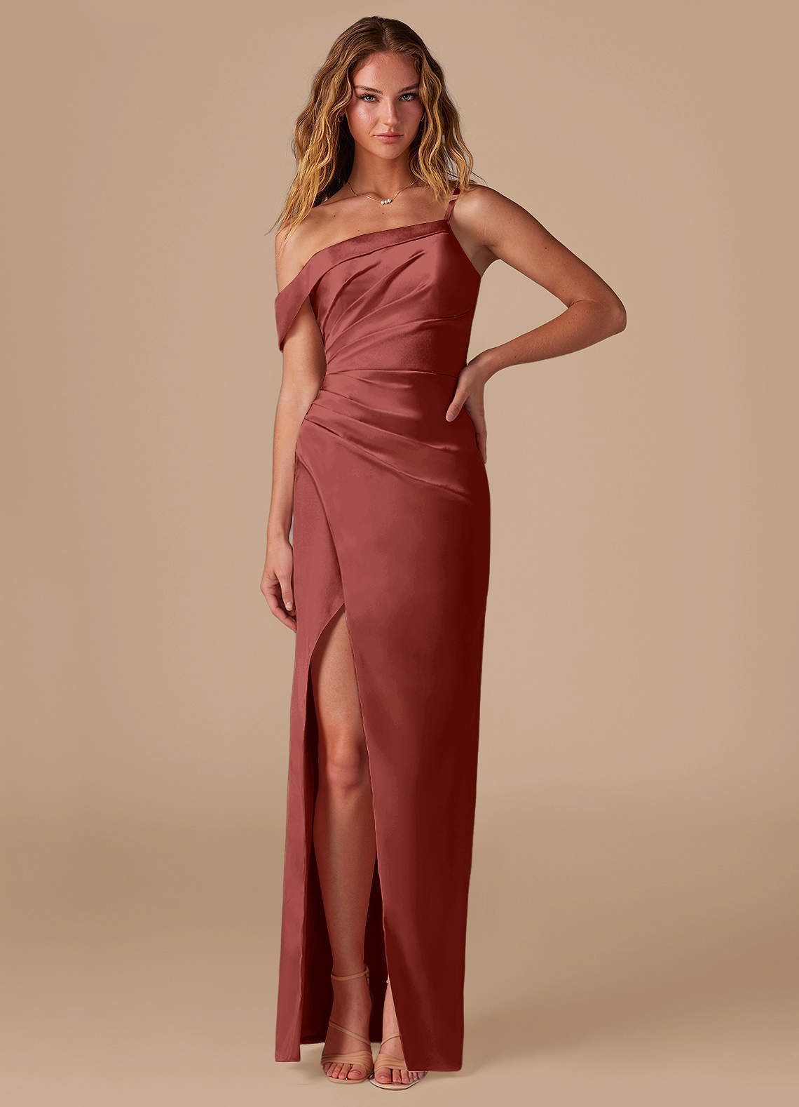 Azazie Lia Bridesmaid Dresses Terracotta Sheath Off the Shoulder Metallic Satin Dress image1