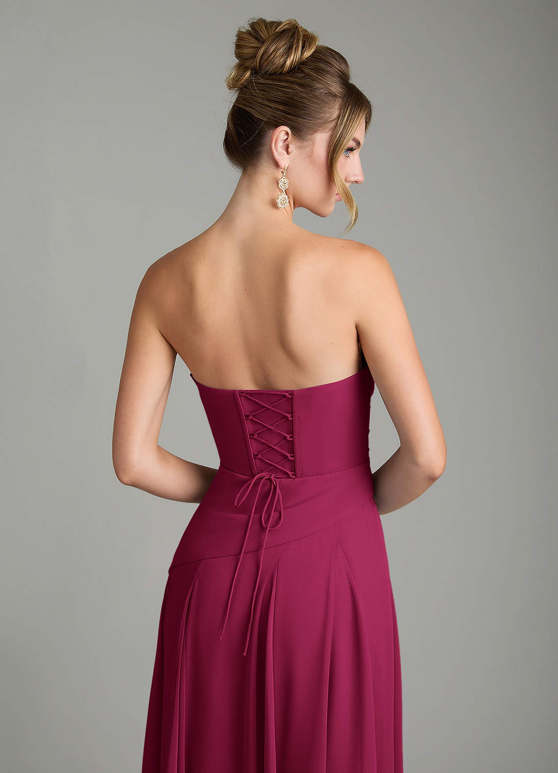 Azazie Gabriela At-home Try On Dresses Burgundy A-Line Corset Chiffon Dress image10