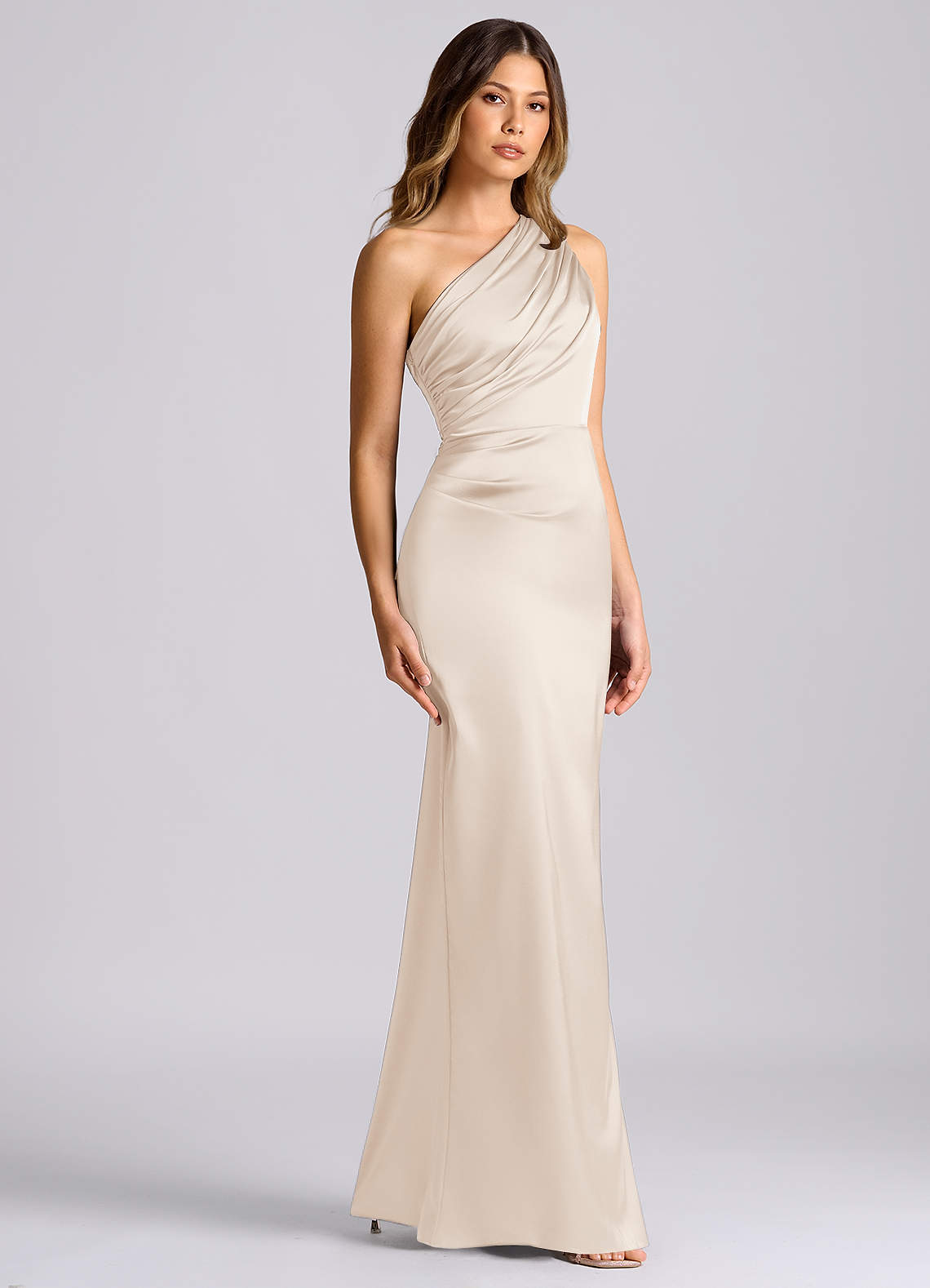 Azazie Akilah Brudtärnklänningar Klä av Sjöjungfru i Stretch Satin Ena axeln Vit Alabaster image2