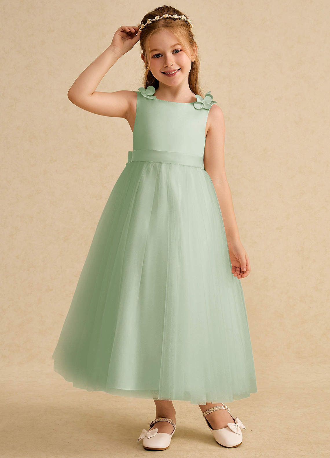 Azazie Lilli Robe Demoiselle D'honneur Fillette Robe Trapèze en Tulle Arc Sauge Poussiéreuse Sauge Poussiéreuse image4