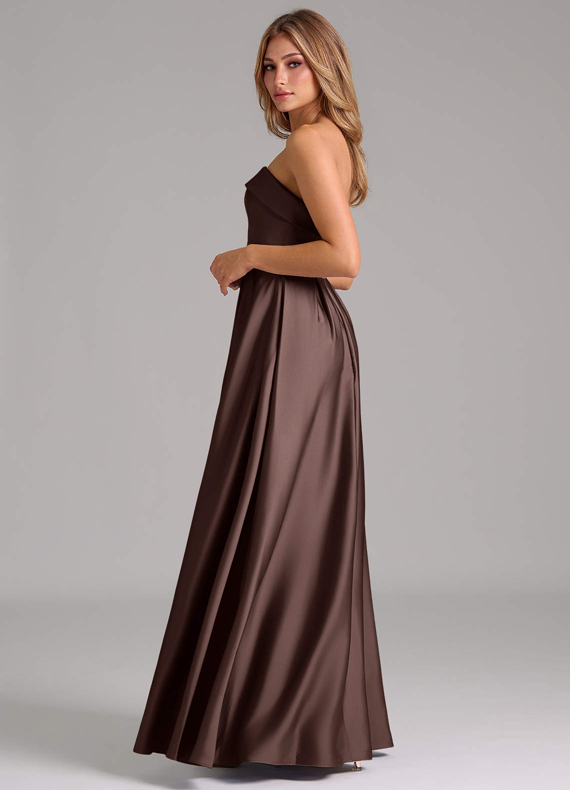 Azazie Lucienne At-home Try On Dresses Black A-Line Strapless Stretch Satin Convertible Dress image2