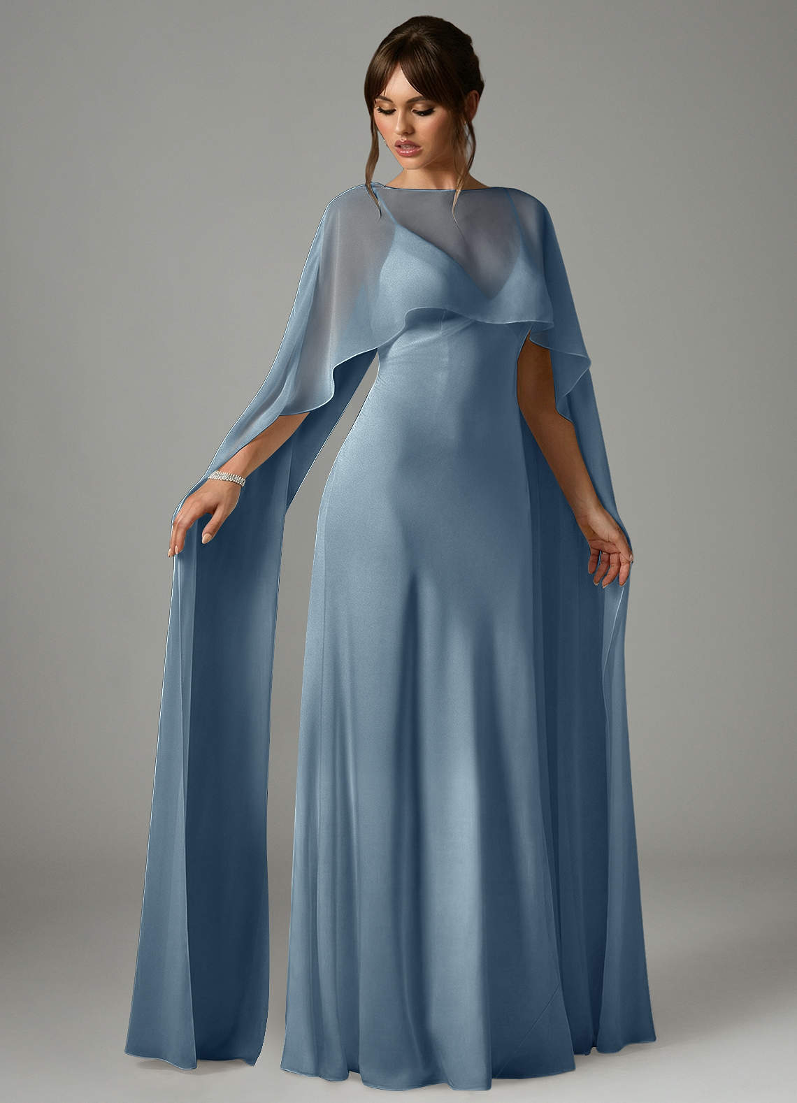 Azazie Stefania Vestidos de madrinha de casamento Vestido Azul Empoeirado de Cetim elástico de Linha A image2