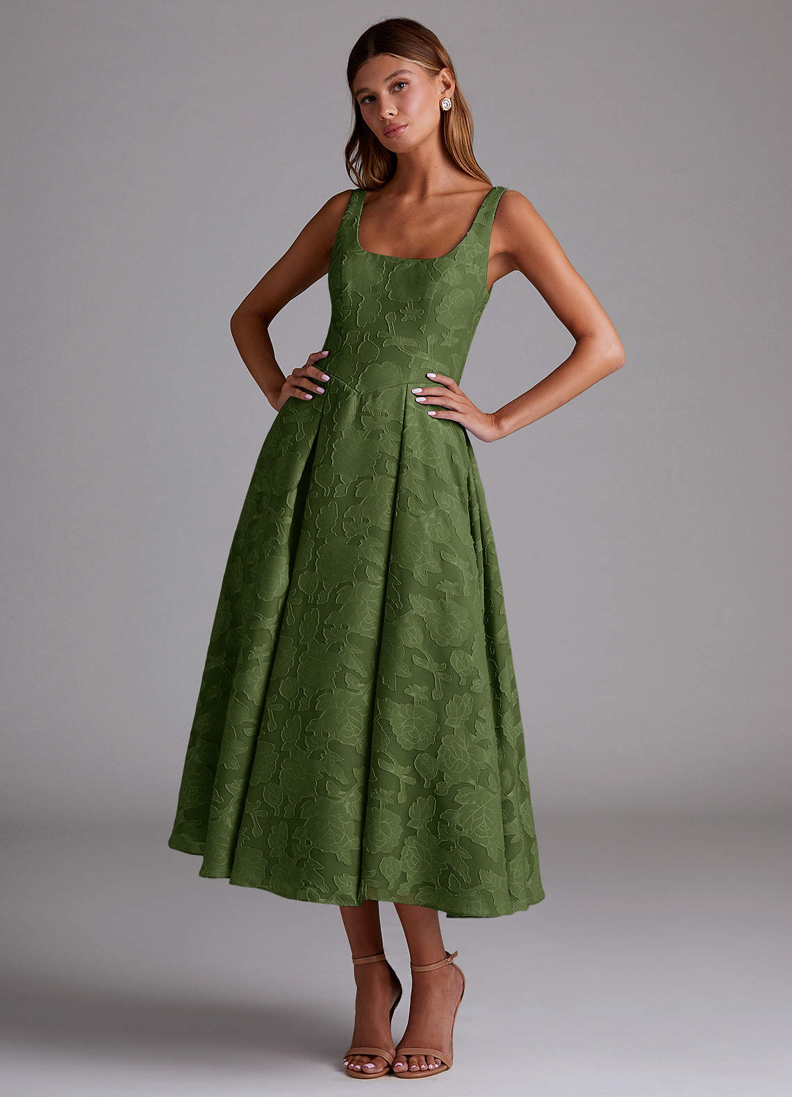 Azazie Amalie Bridesmaid Dresses Olive A-Line Pleated Floral Burnout Dress image1