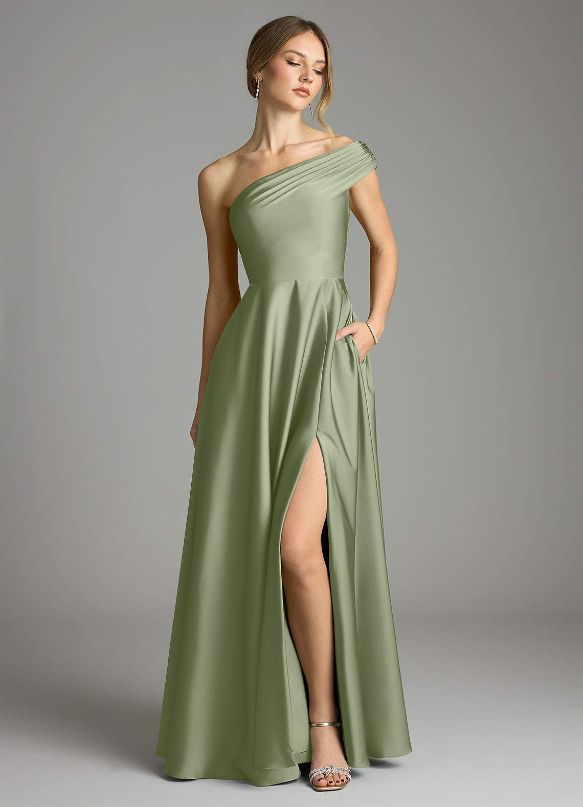 Azazie Melanie Bridesmaid Dresses Pistachio A-Line Off the Shoulder Stretch Satin Dress image1