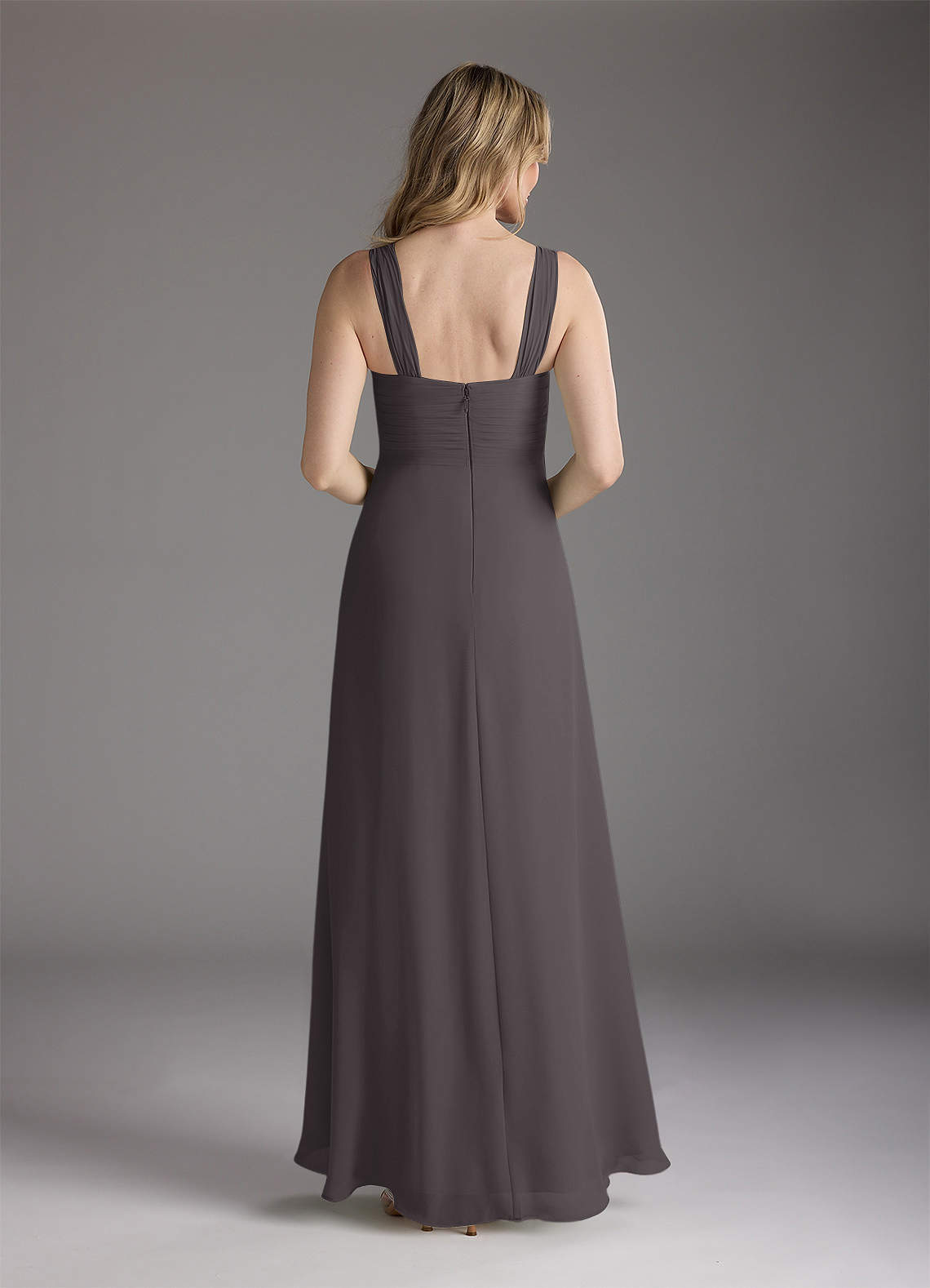 Azazie Weisz Steel Grey A-Line Square Neckline Pleated Chiffon