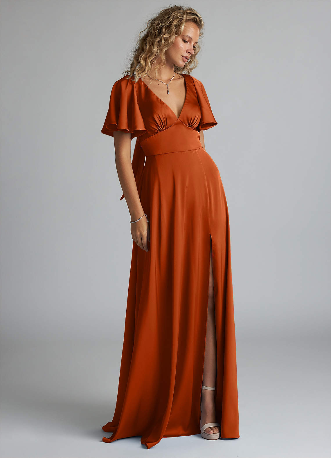 Azazie Kimber Bridesmaid Dresses Burnt Orange A-Line Ruched Stretch Satin Dress image3