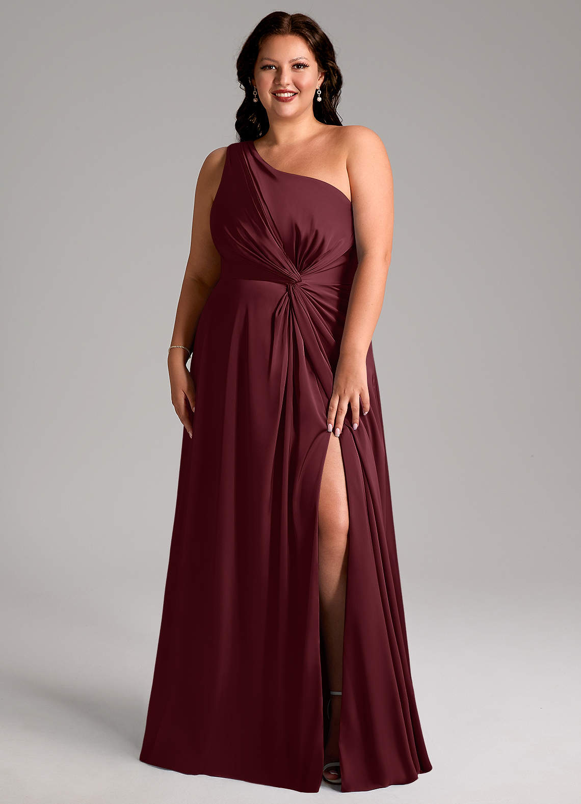 Azazie Brooke Bridesmaid Dresses Cabernet A-Line One Shoulder Stretch Satin Dress image1