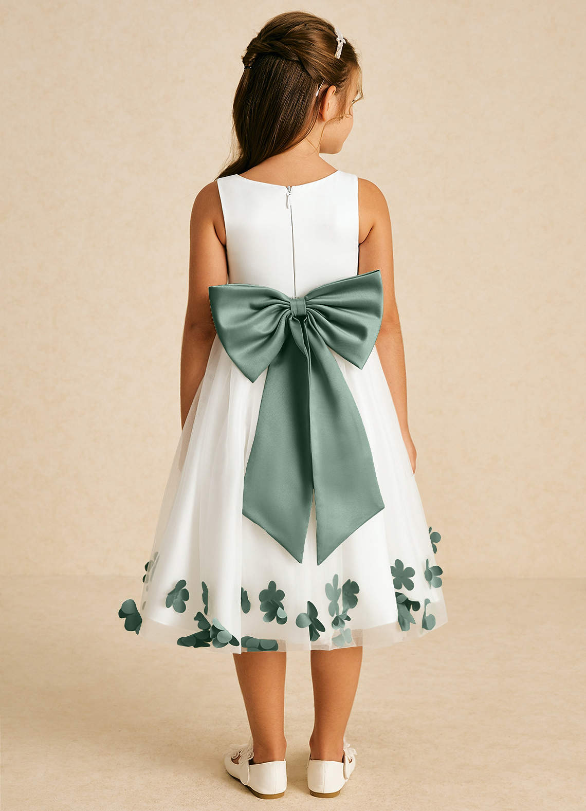 Azazie Dot Flower Girl Dresses Ivory Eucalyptus A-Line Bow Tulle Dress image1