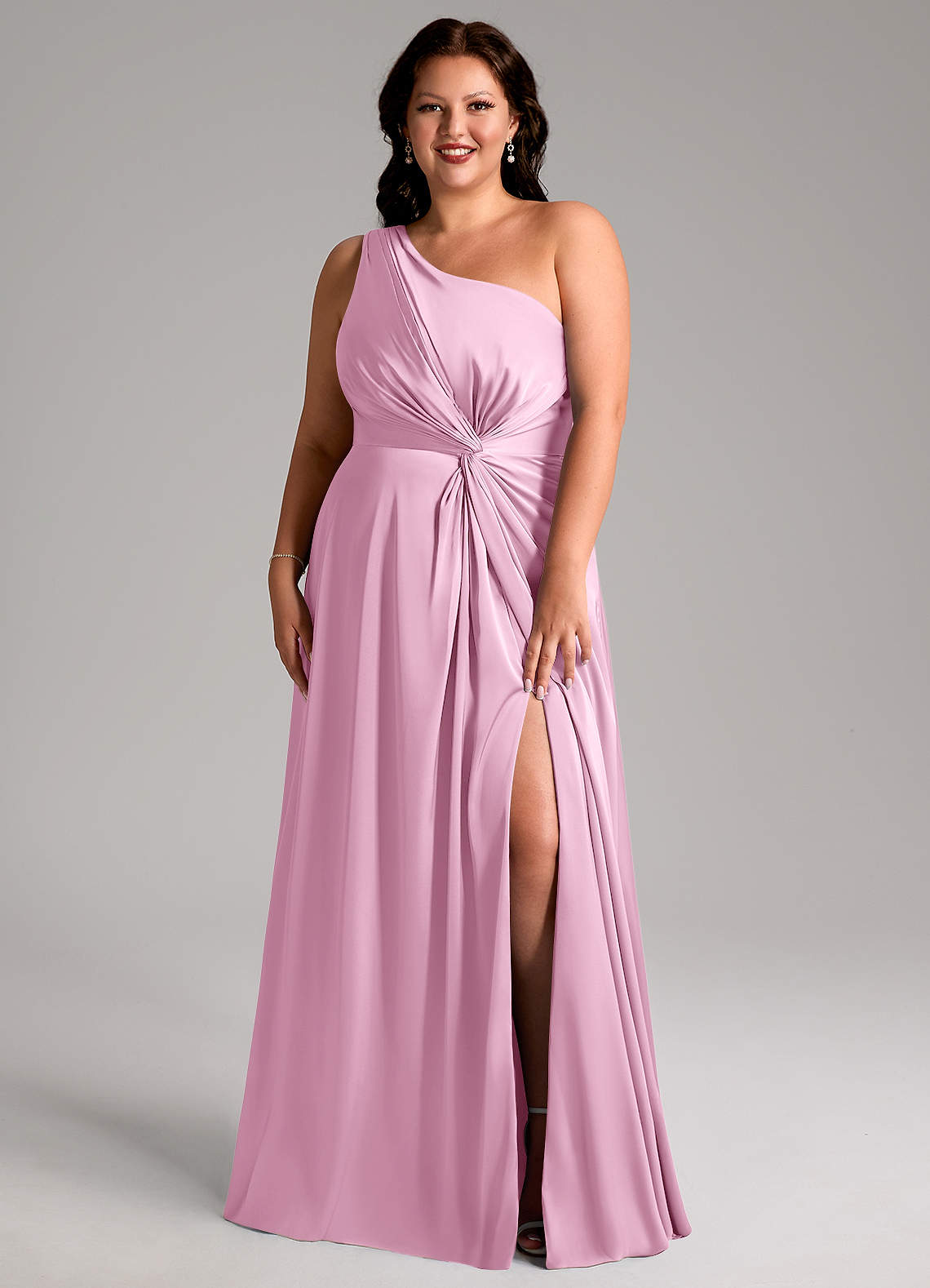 Azazie Brooke Bridesmaid Dresses Candy Pink A-Line One Shoulder Stretch Satin Dress image1