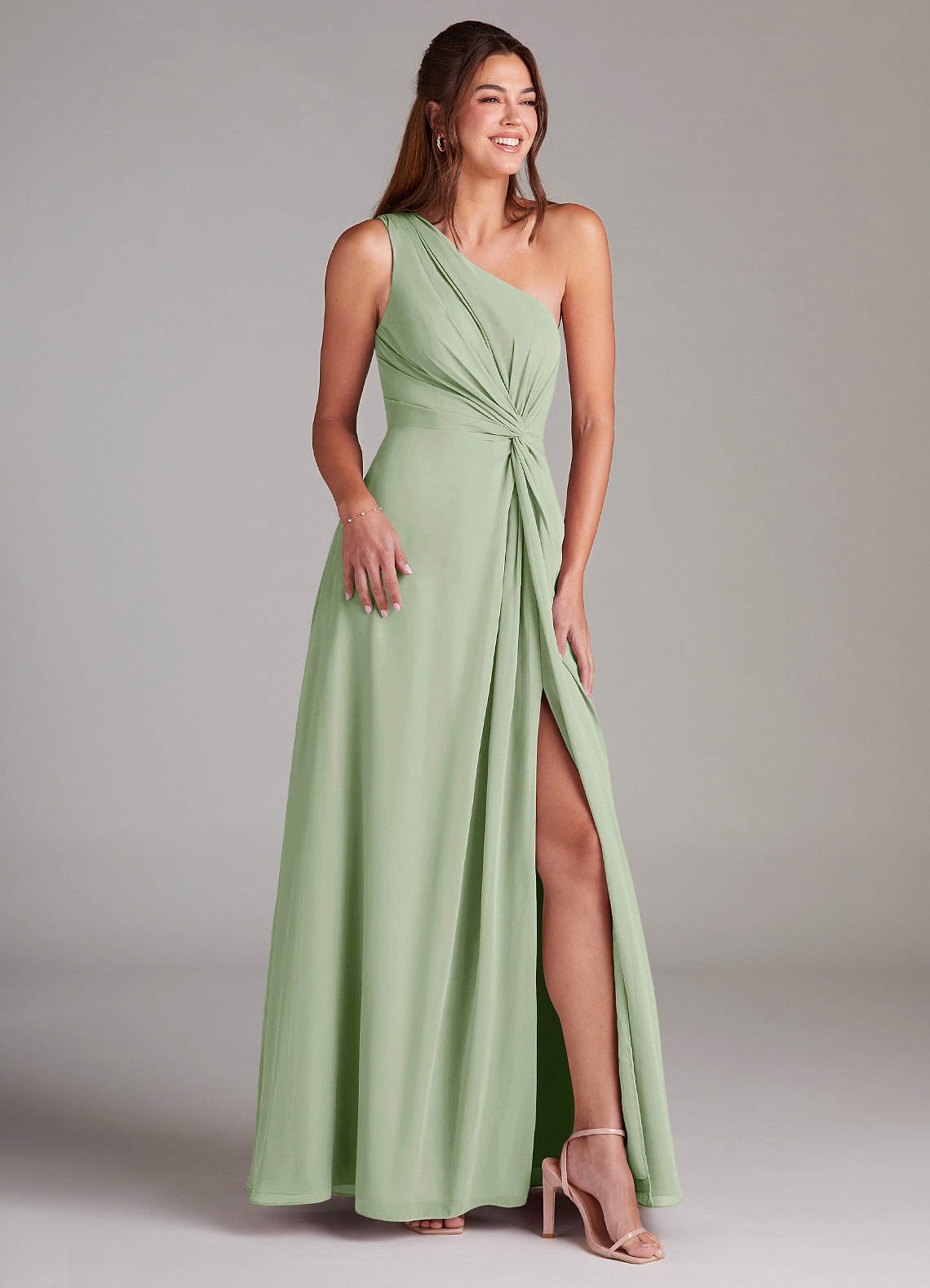 Azazie Brooke Bridesmaid Dresses Dusty Sage A-Line One Shoulder Chiffon Dress image3