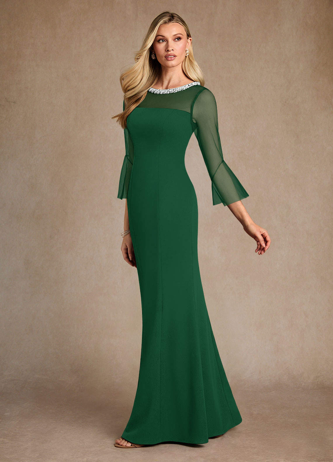 Azazie Bellevie Dark Green Sheath Beaded Stretch Crepe Dress Ready to Ship  | Azazie